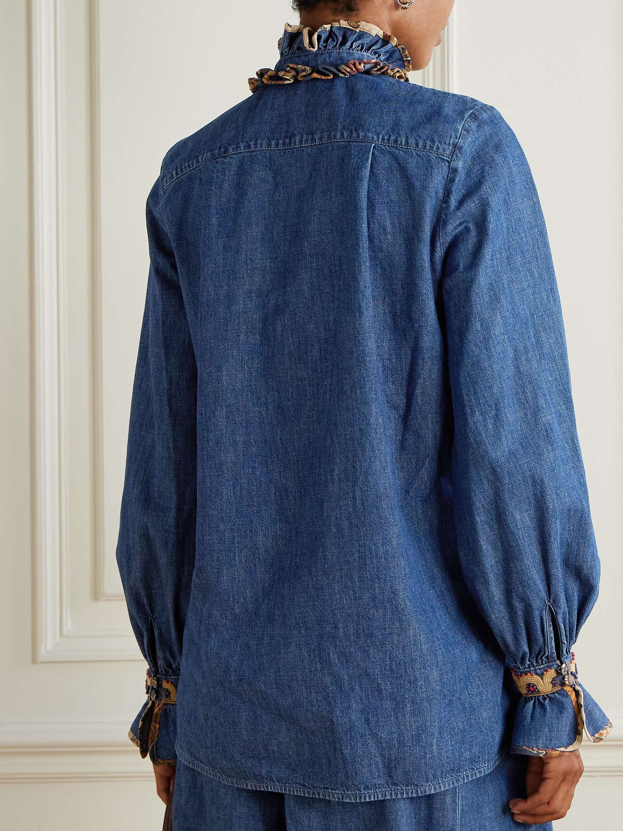 Belted embroidered ruffled embellished chambray top view