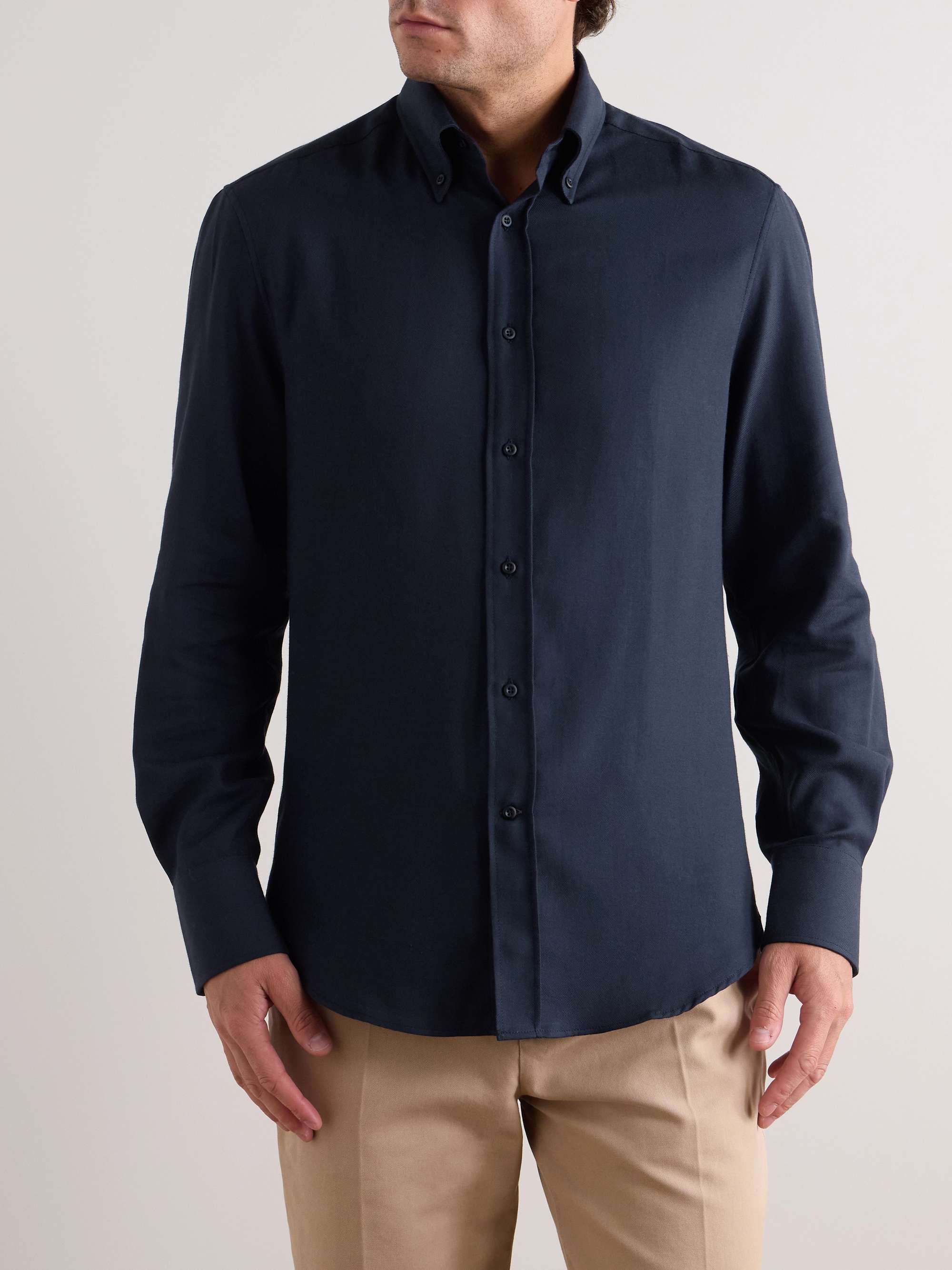 Slim-Fit Button-Down Collar Cotton and Cashmere-Blend Shirt view