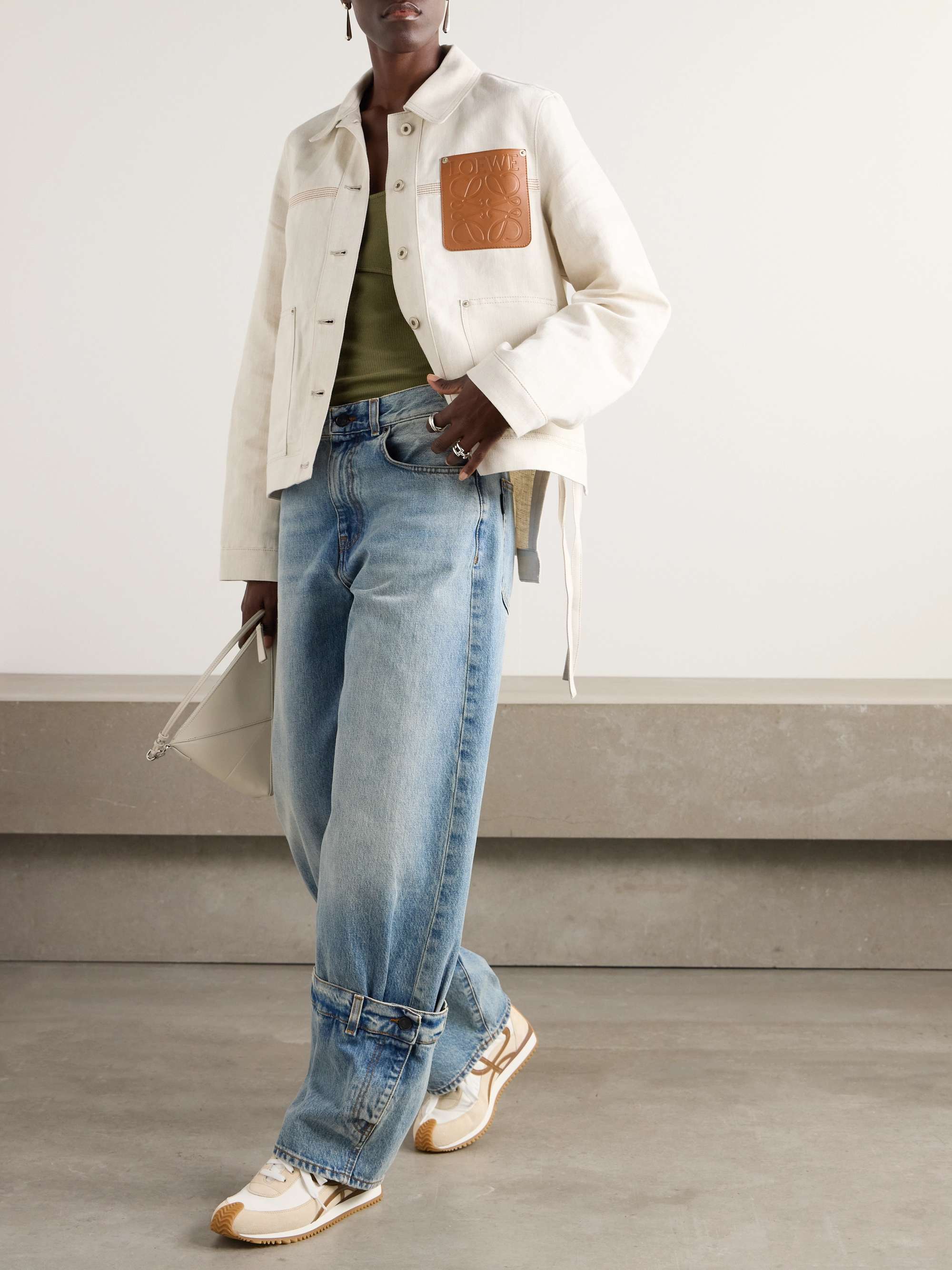 Asymmetric leather-trimmed cotton and linen-blend drill jacket view