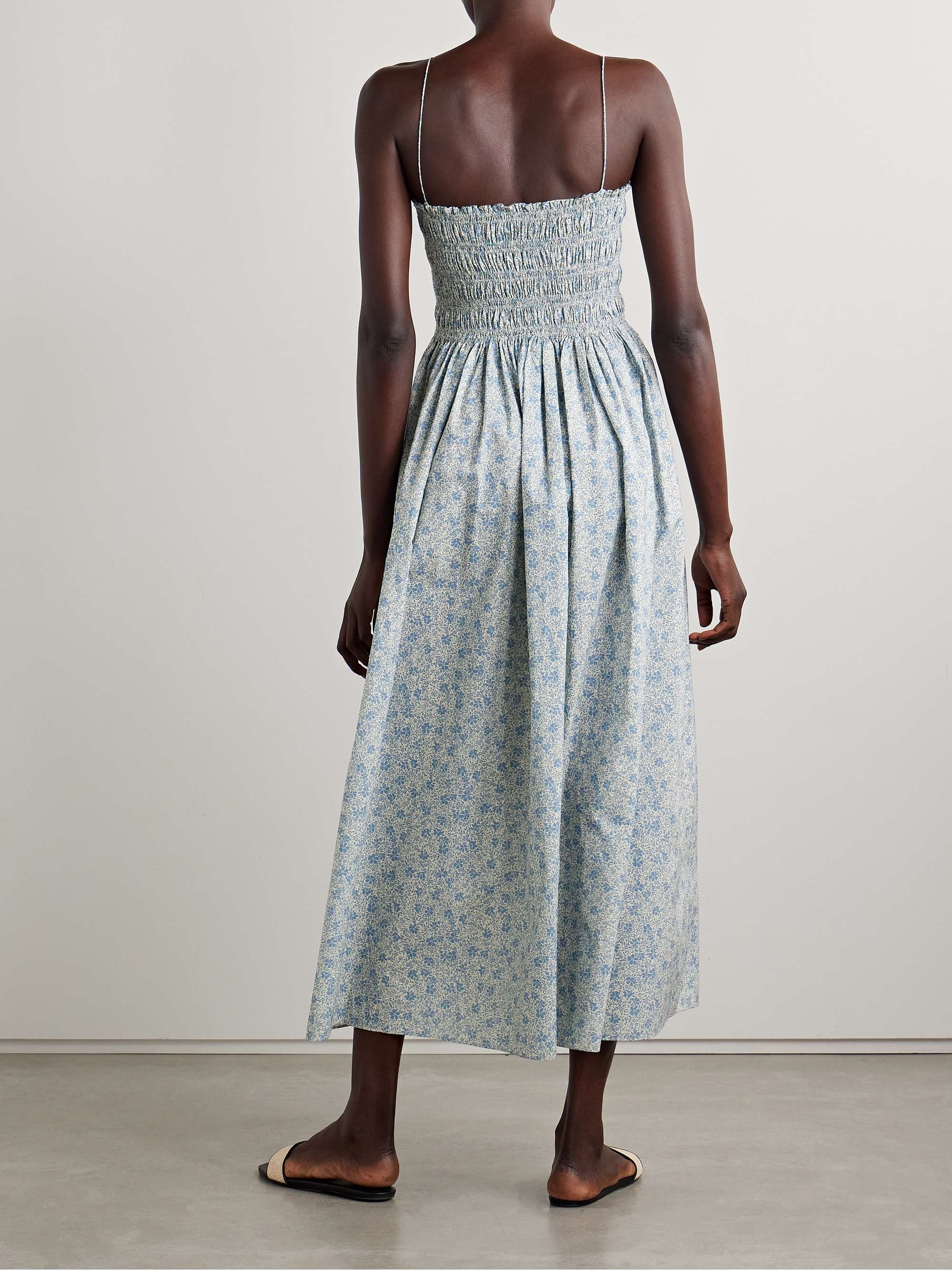 Floral-print shirred organic cotton-poplin midi dress view