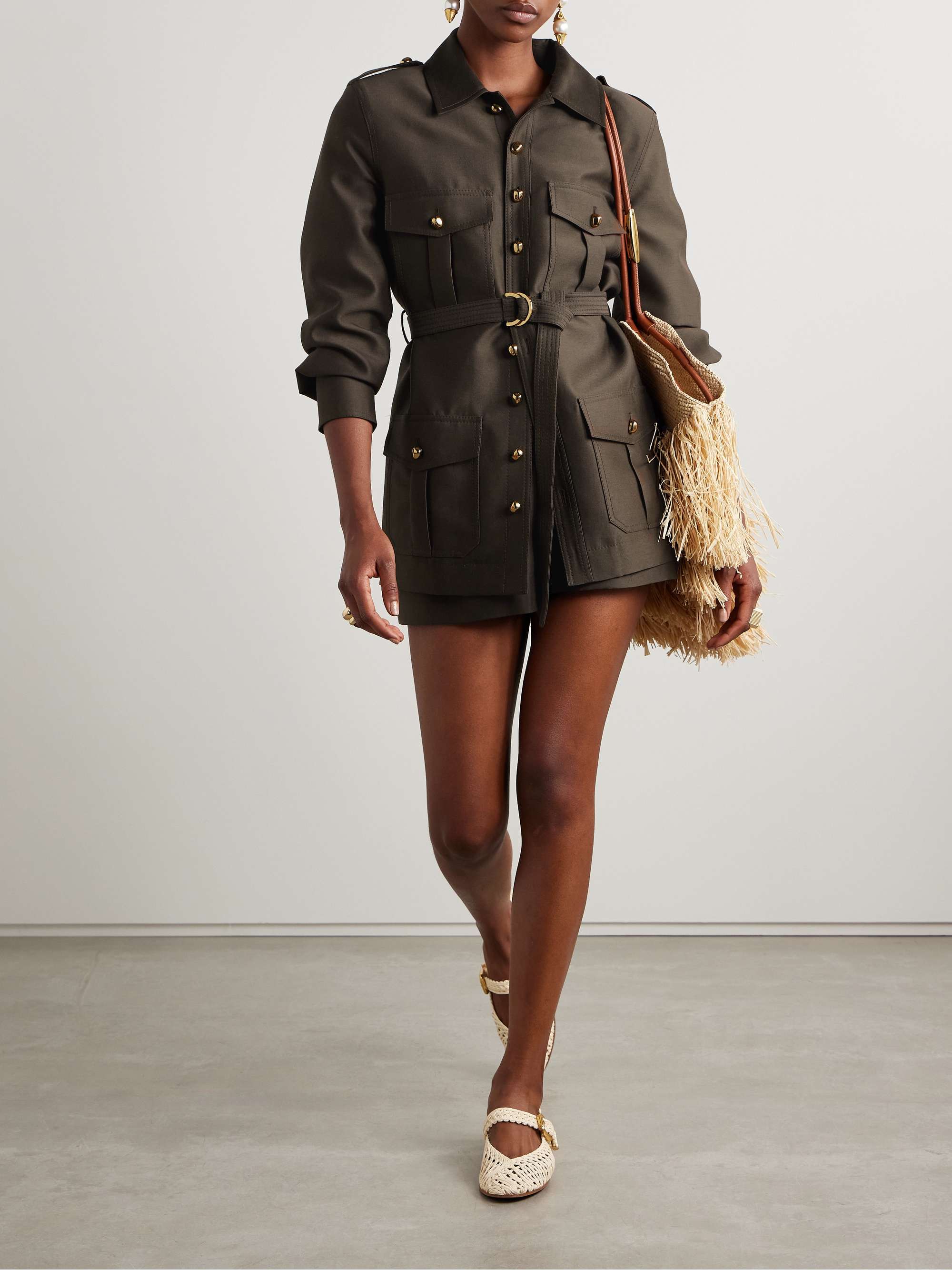 Illuminate belted wool and silk-blend jacket view