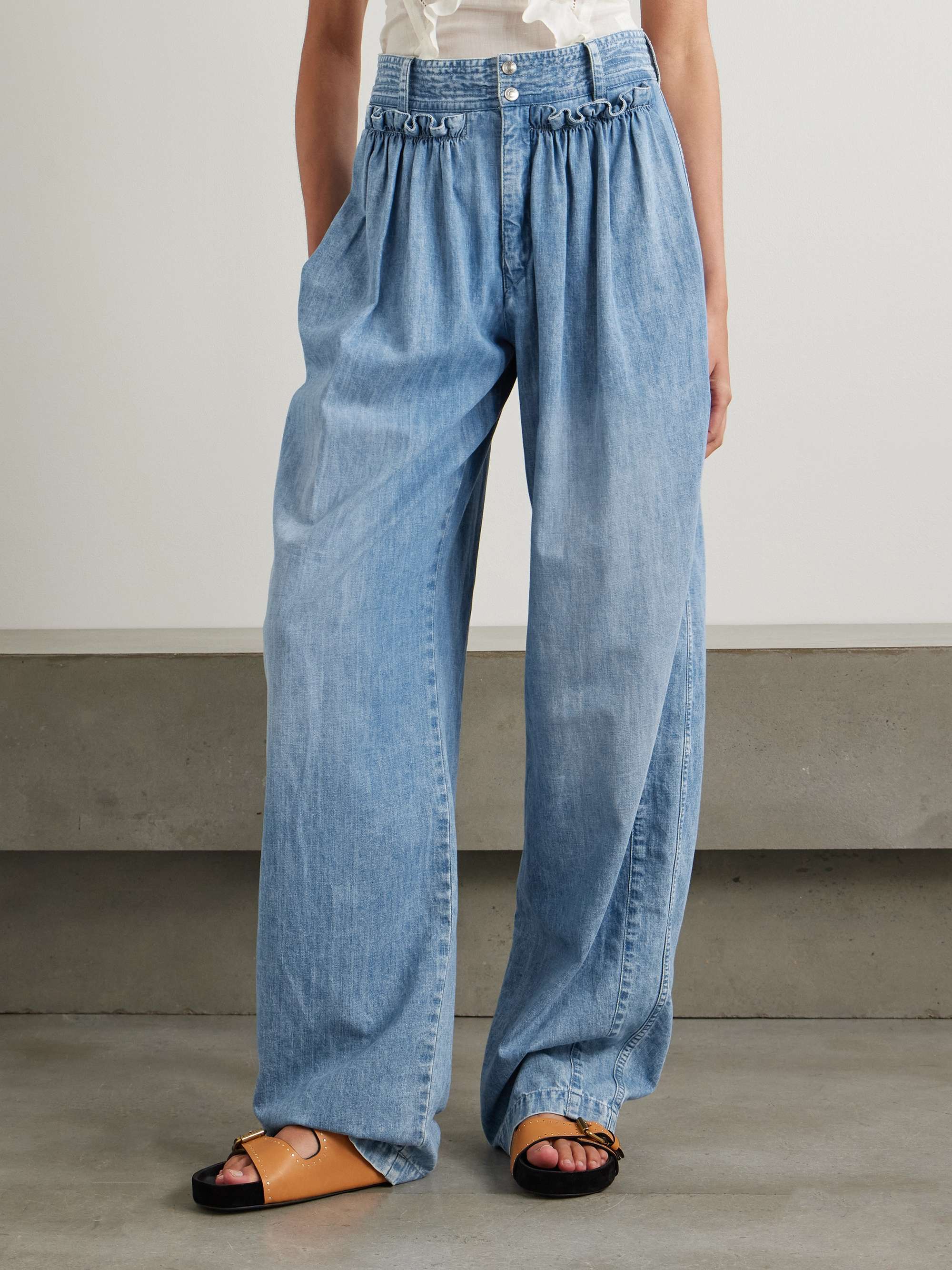Inaya ruffled cotton-chambray barrel-leg pants view