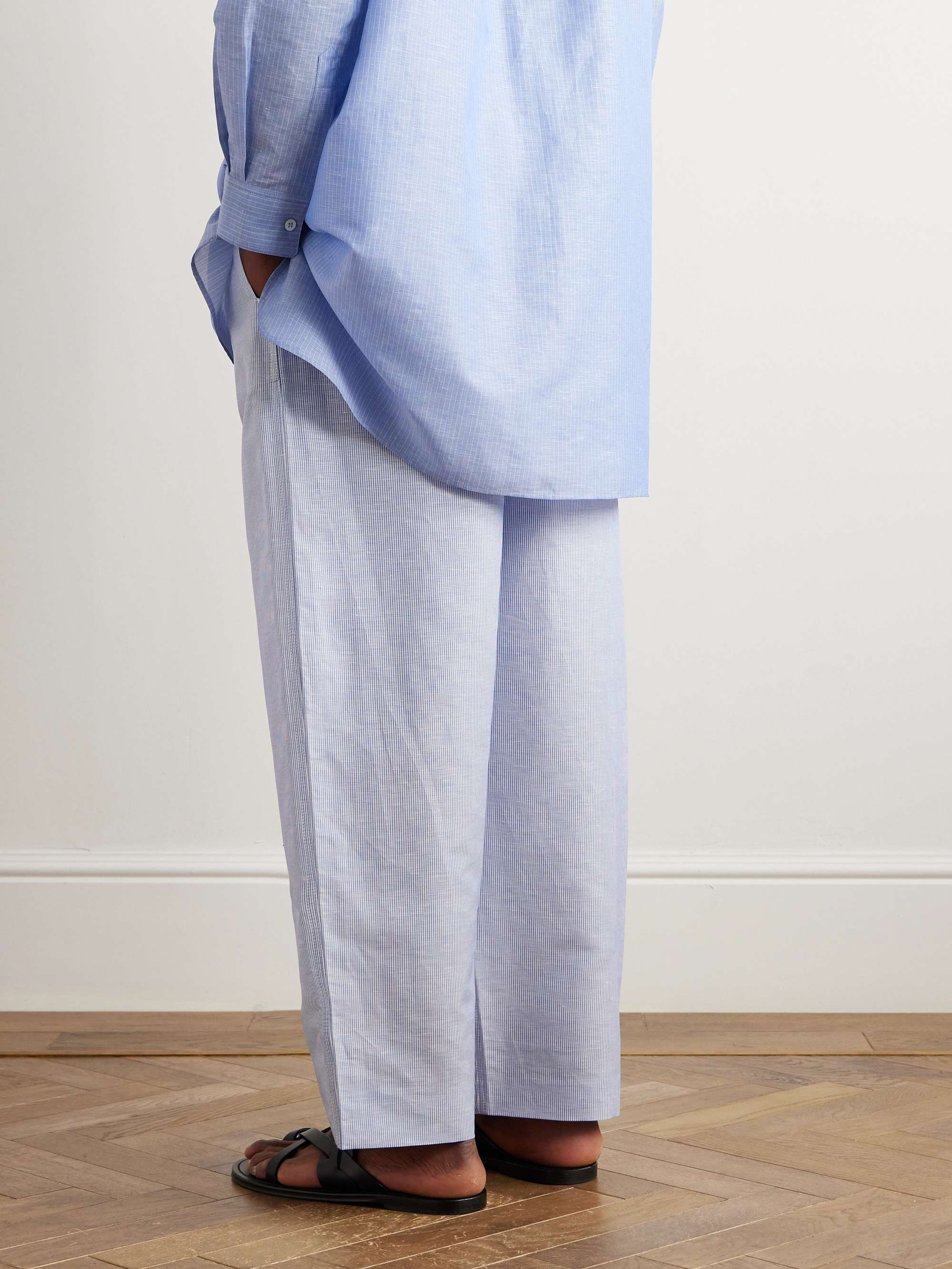 Akanko Straight-Leg Striped Linen and Cotton-Blend Poplin Trousers view