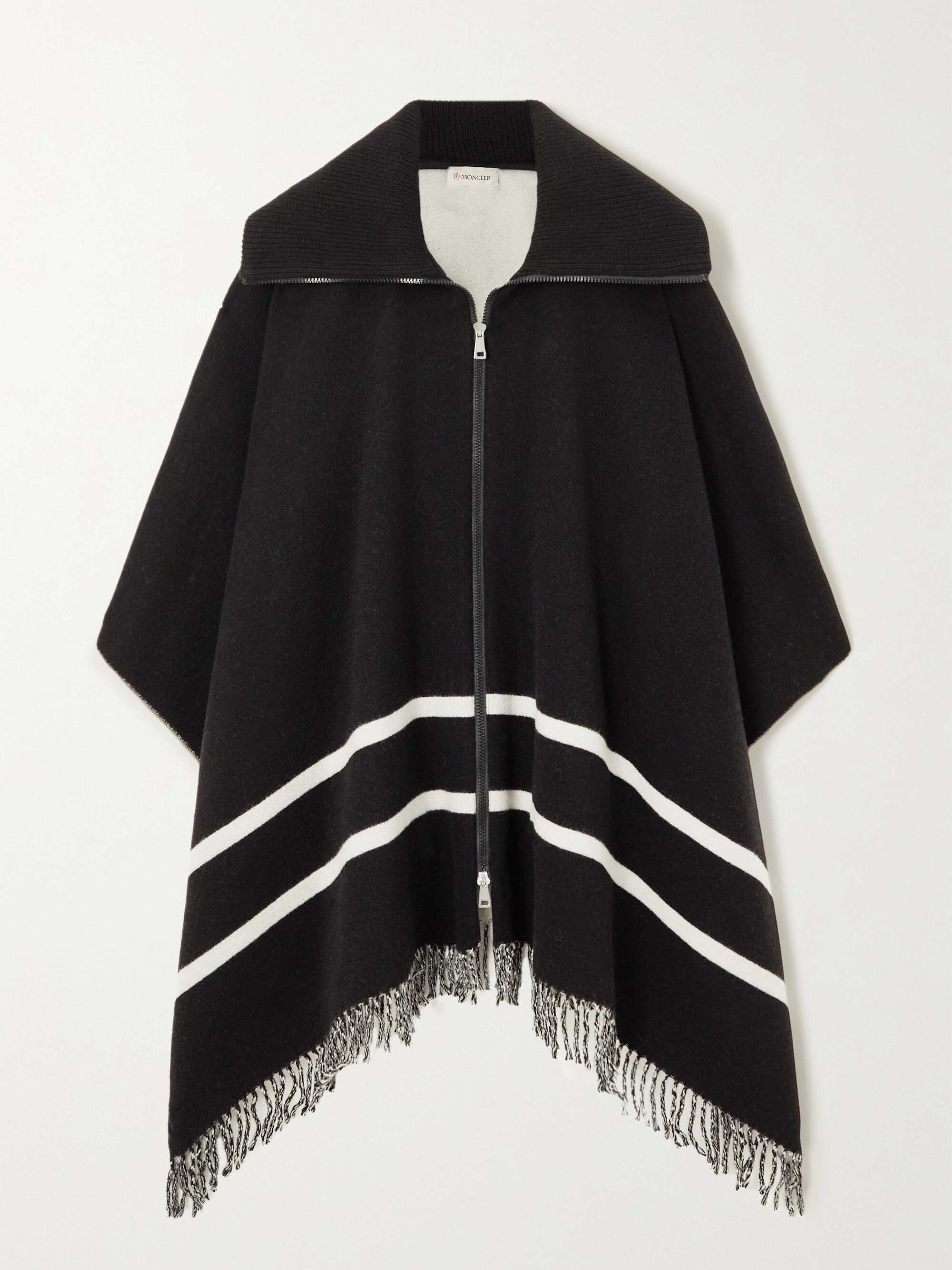 Fringed striped wool-blend jacquard poncho view
