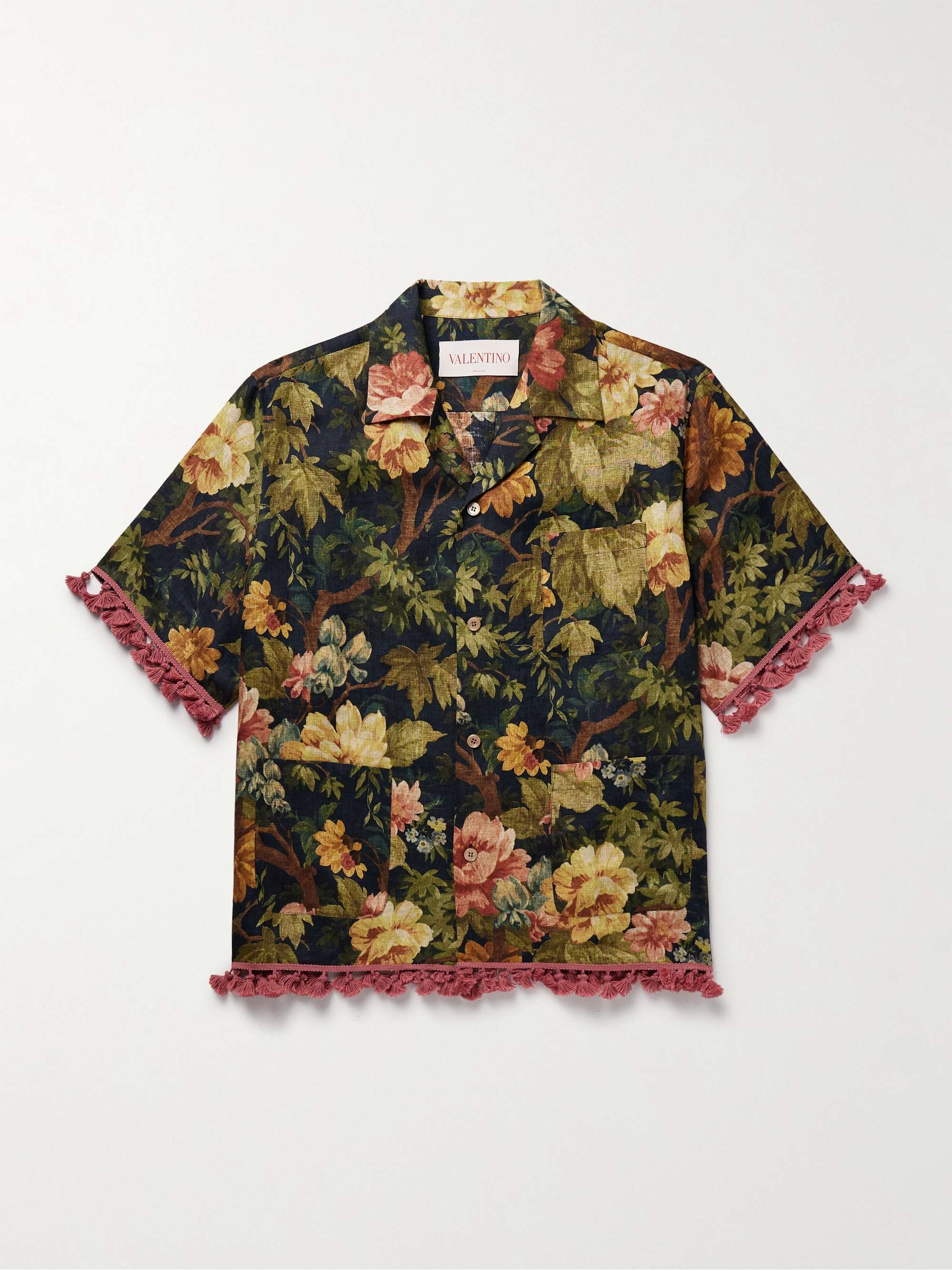 Camp-Collar Tasselled Floral-Print Linen Shirt view