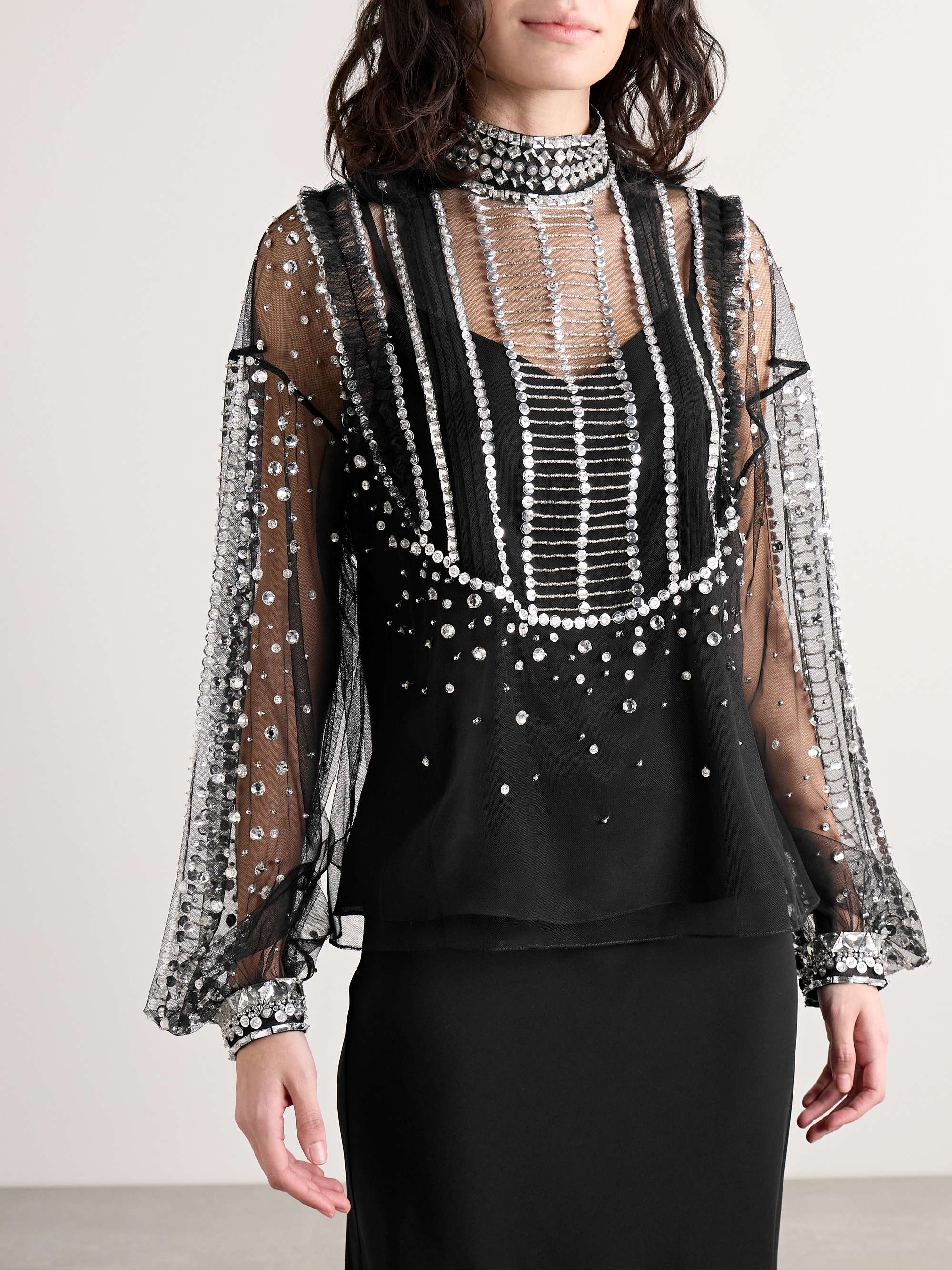 Embellished pintucked tulle turtleneck blouse view