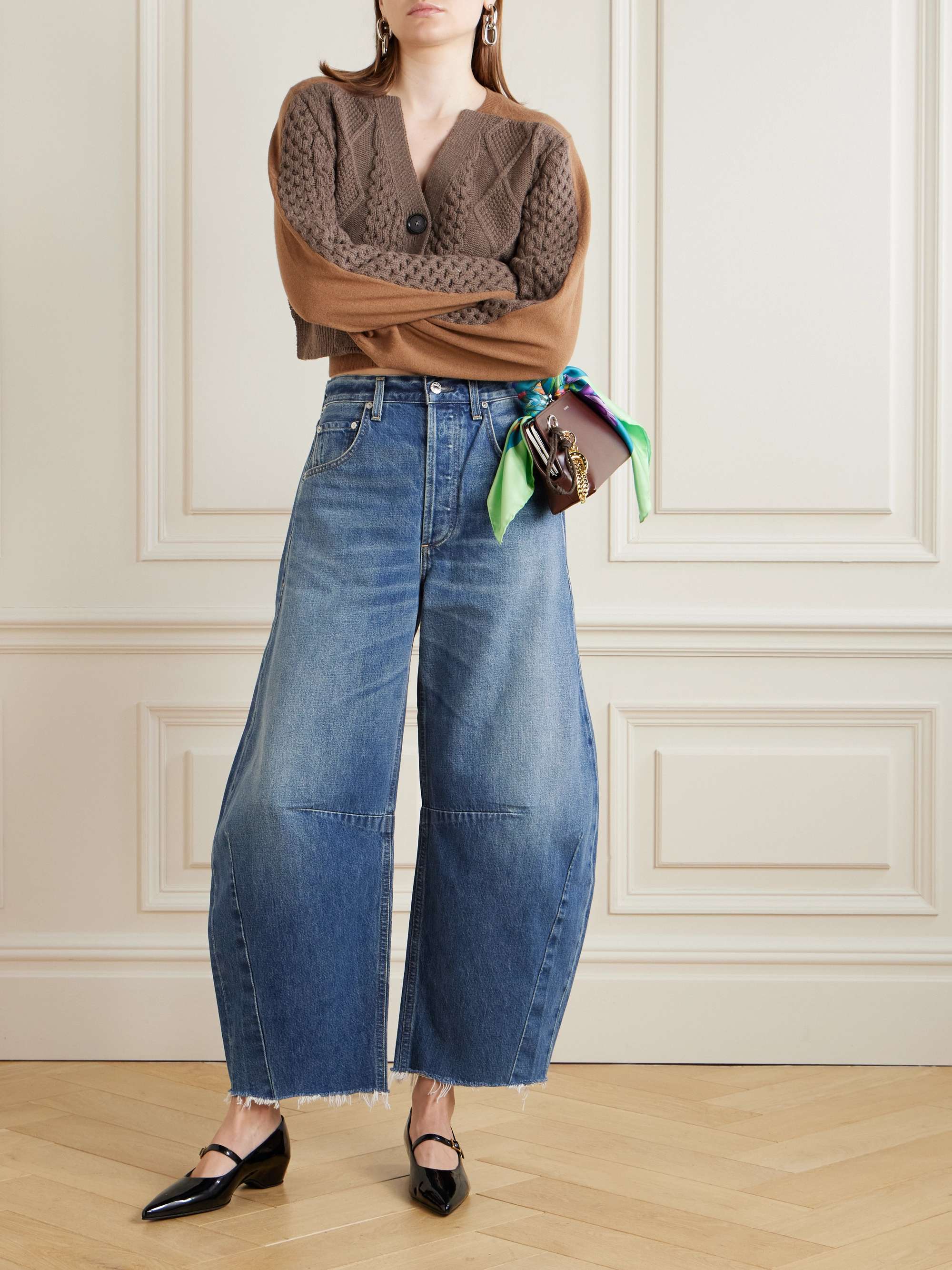 Horseshoe frayed high-rise barrel-leg jeans view