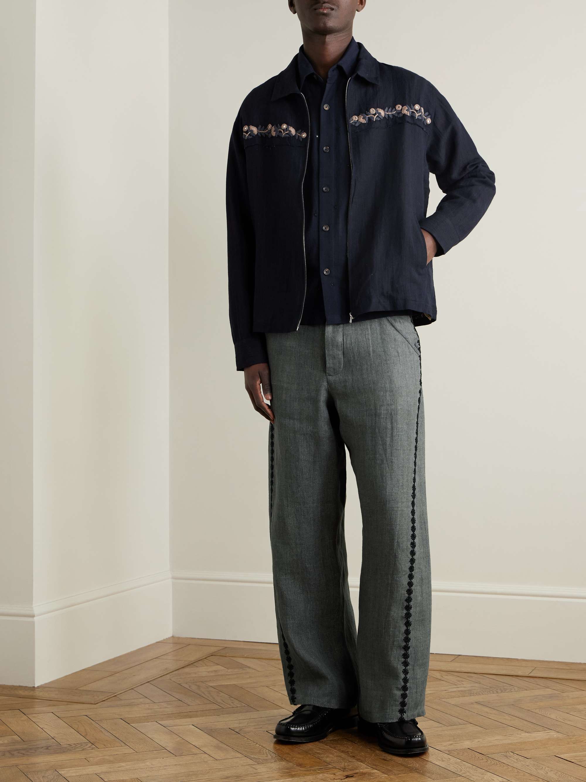 Embroidered Linen Wide-Leg Trousers view