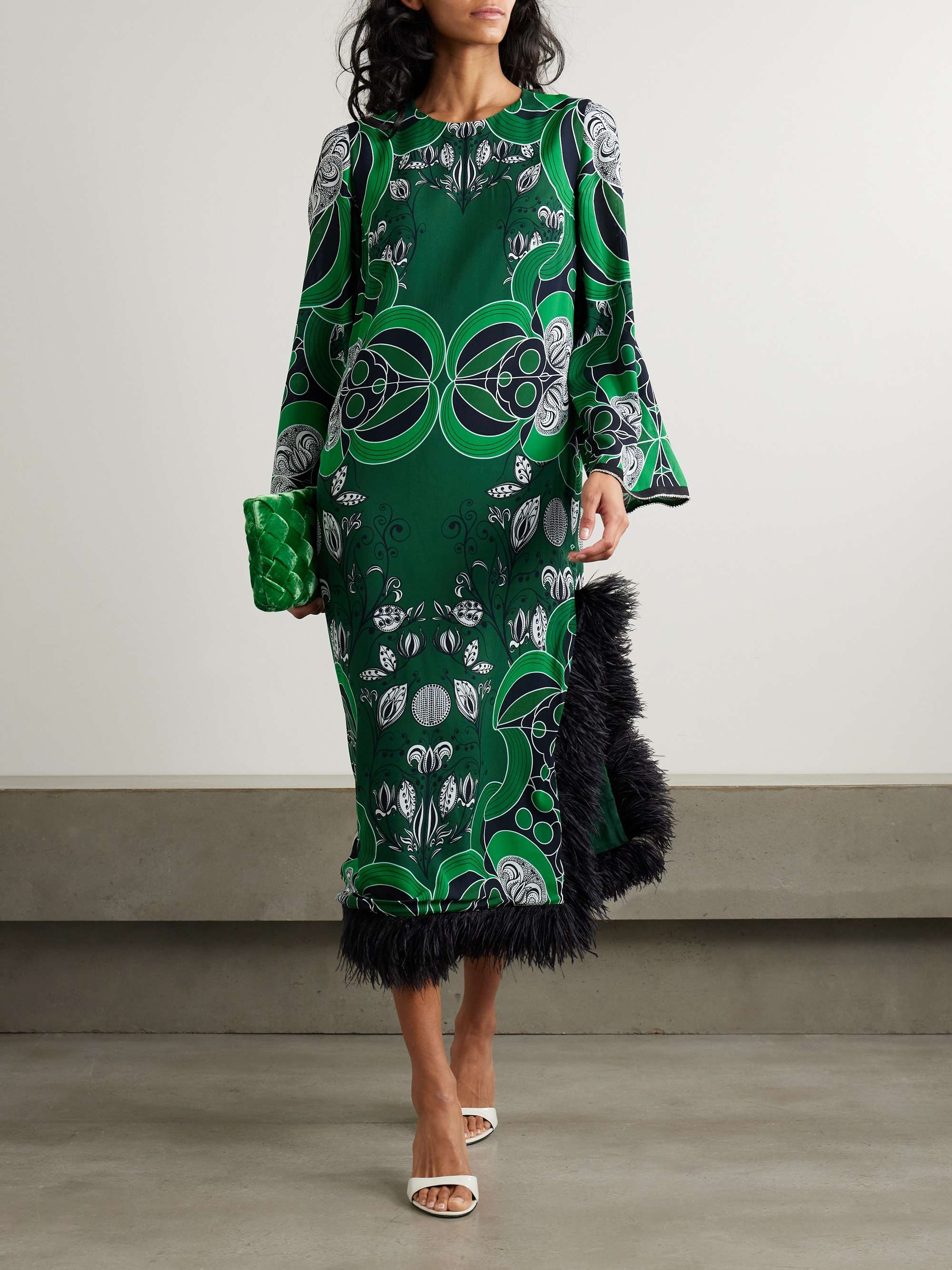 Seraphina crystal-embellished feather-trimmed printed crepe de chine midi dress view