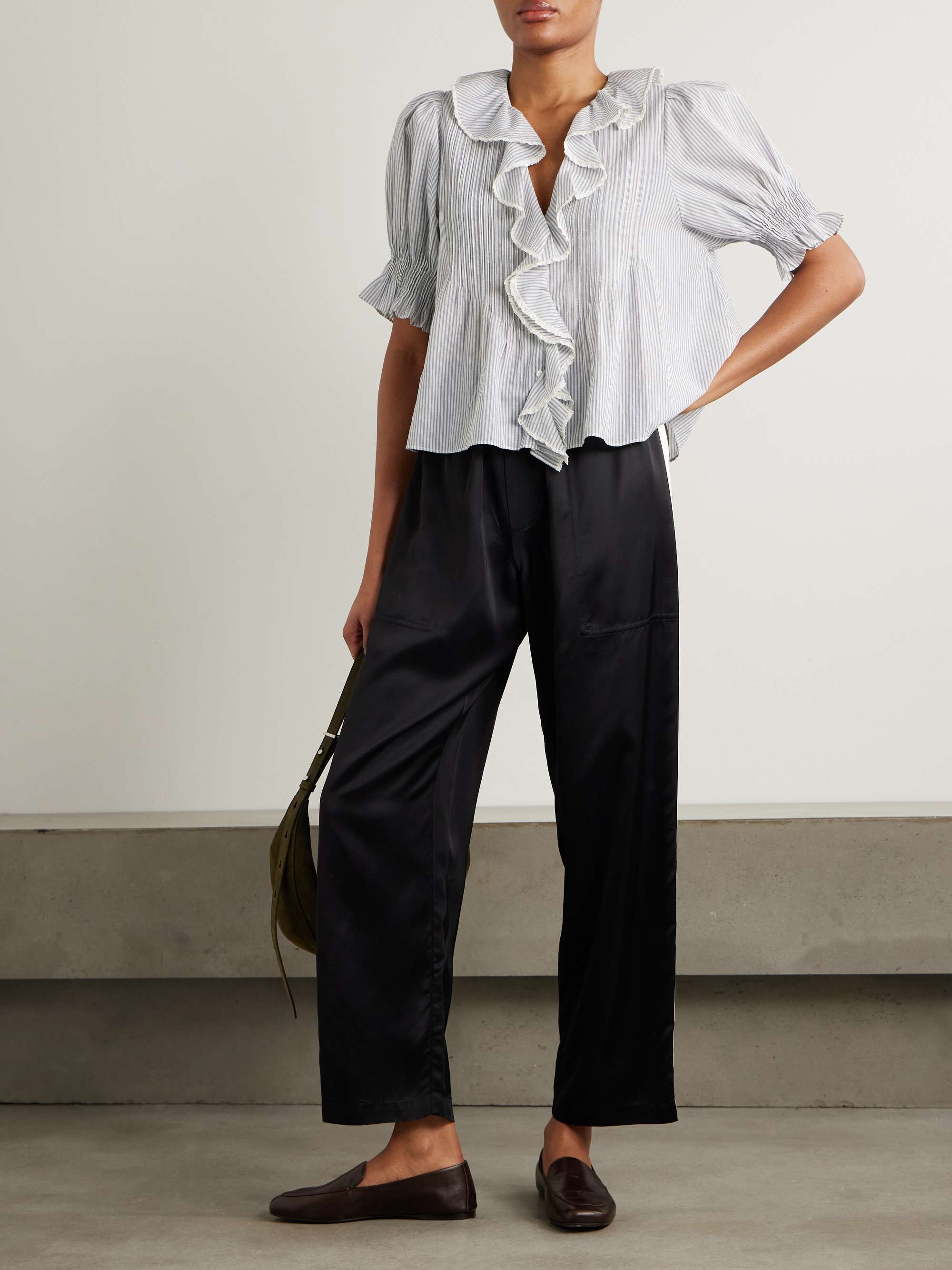 Henri lace-trimmed ruffled pintucked striped organic cotton-voile top view