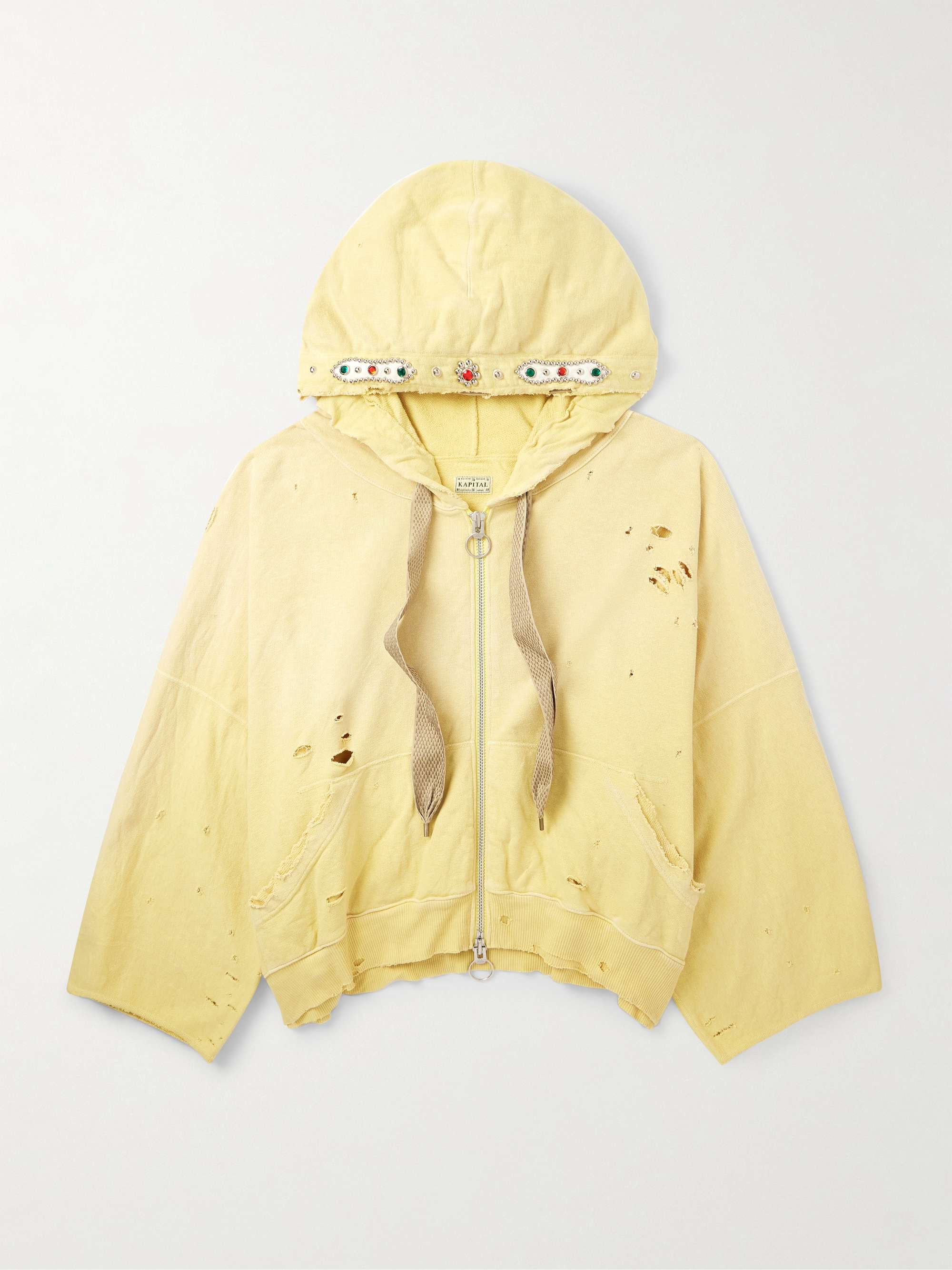Embelished Distressed Cotton-Jersey Zip-Up Hoodie view