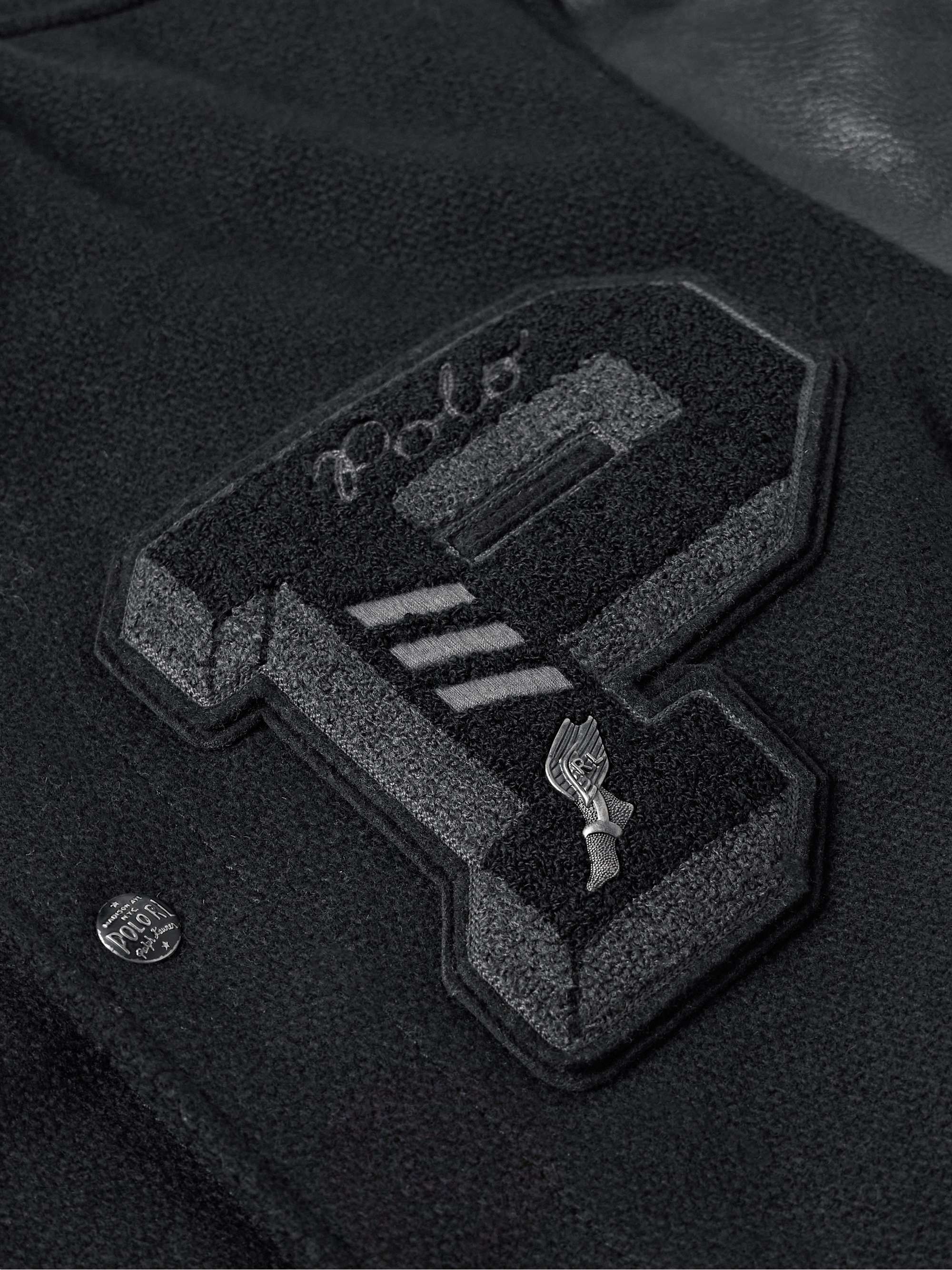 Logo-Appliquéd Embroidered Leather and Wool-Blend Varsity Jacket view
