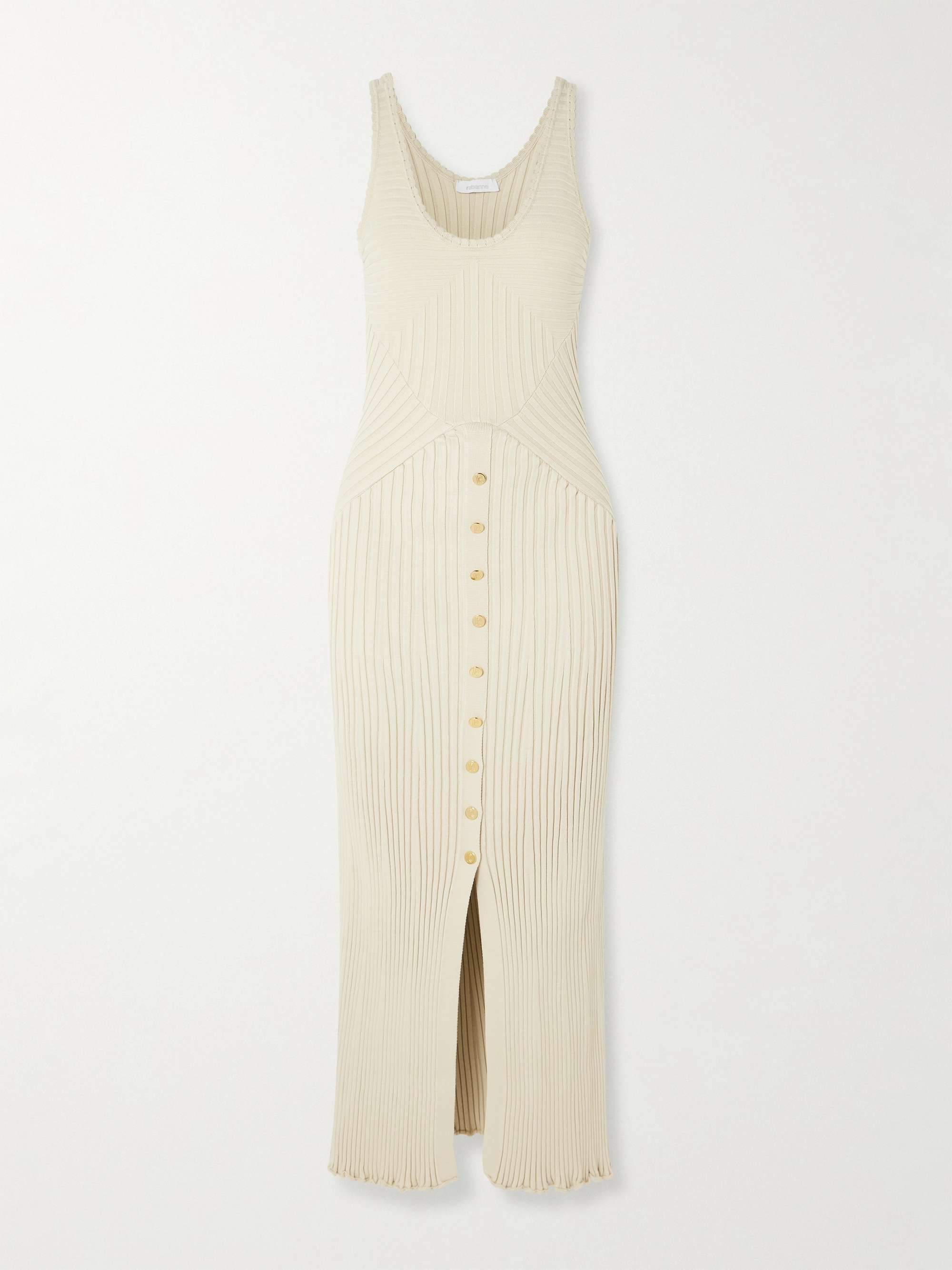 Scalloped paneled ribbed-knit midi dress view