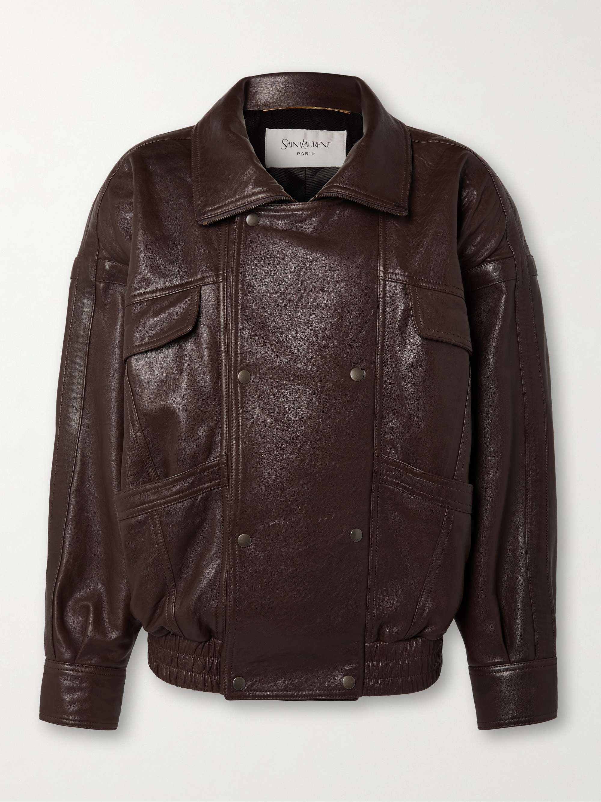 Oversized double-breasted paneled leather jacket view