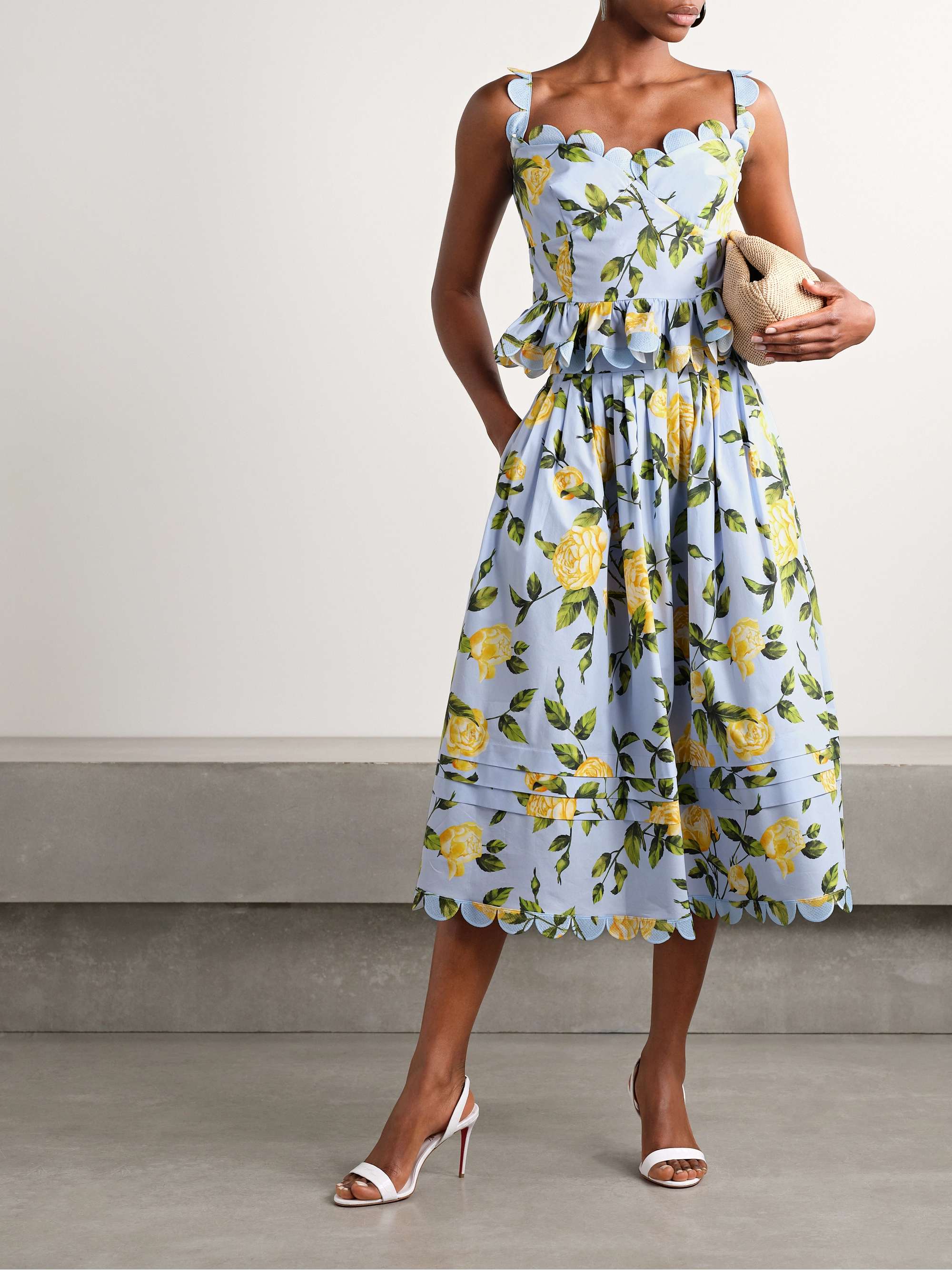 Cropped scalloped floral-print cotton-blend poplin top view