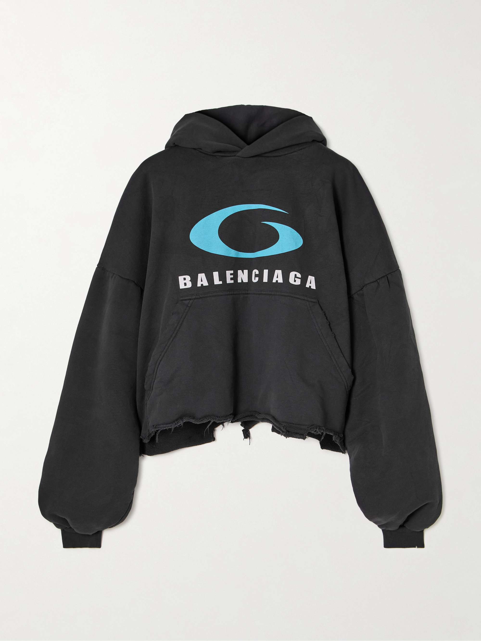 Oversized cropped distressed printed cotton-jersey hoodie view