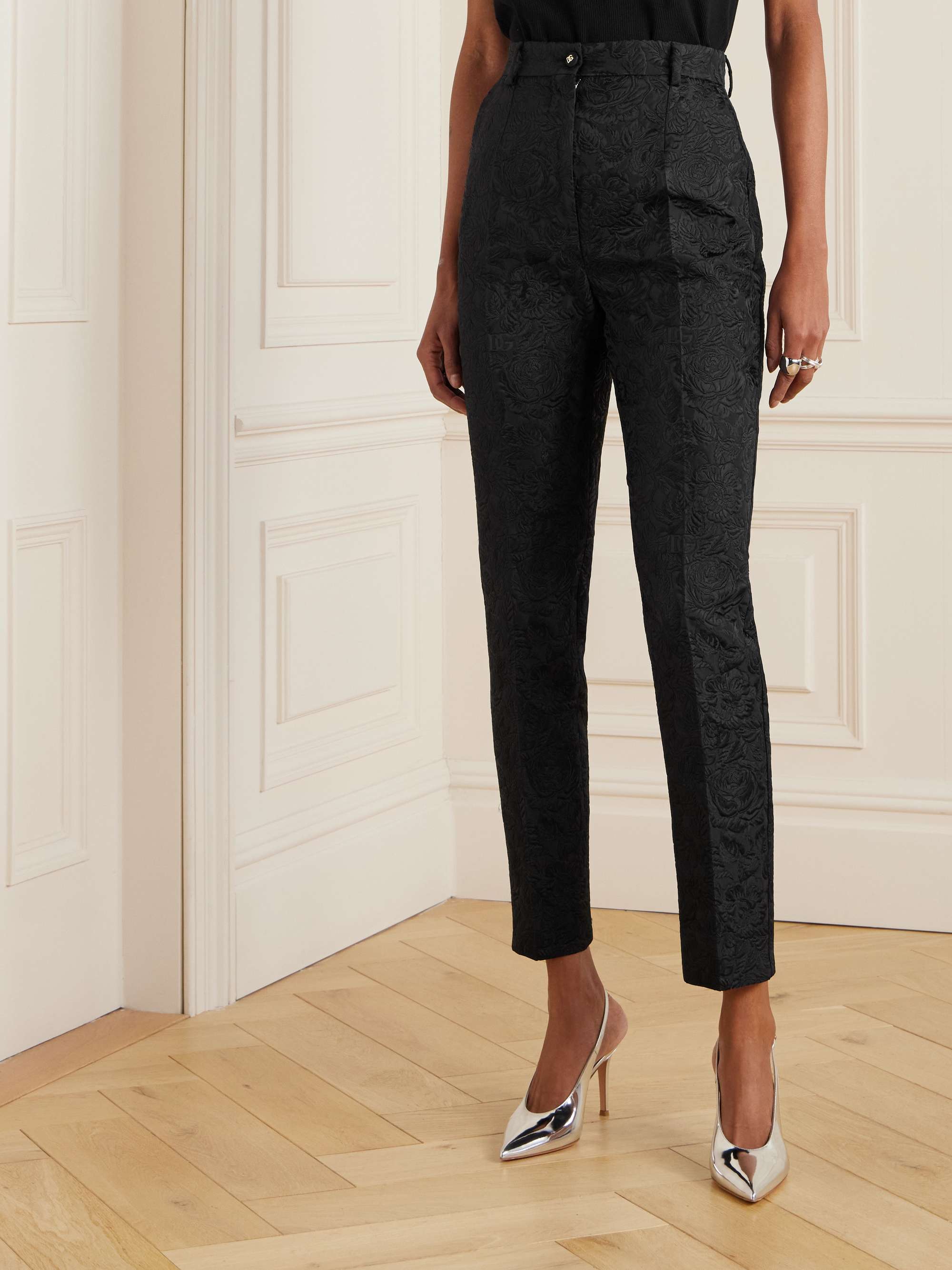Floral-jacquard matelassé slim-fit pants view
