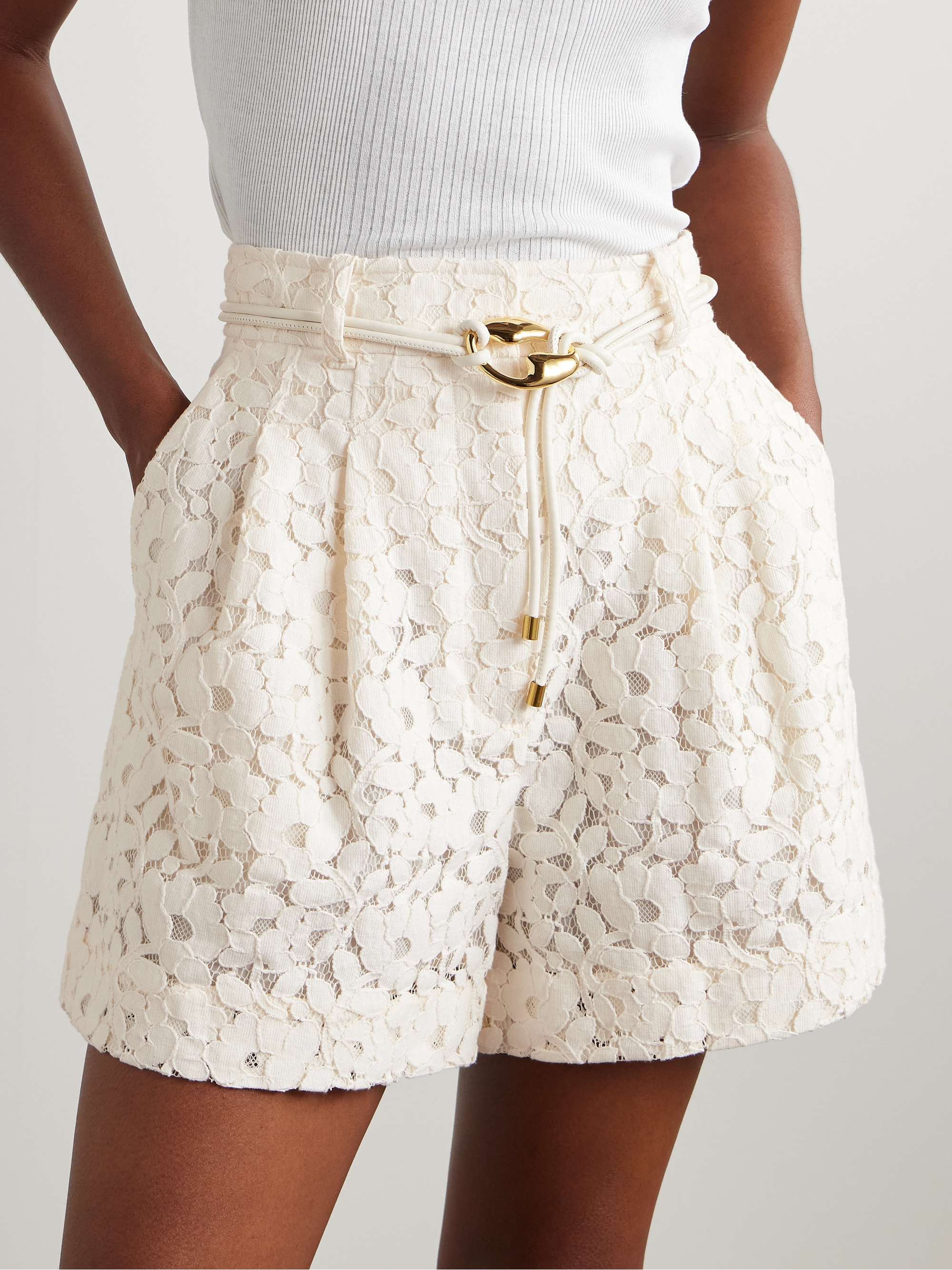 Illuminate belted cotton-blend corded lace shorts view