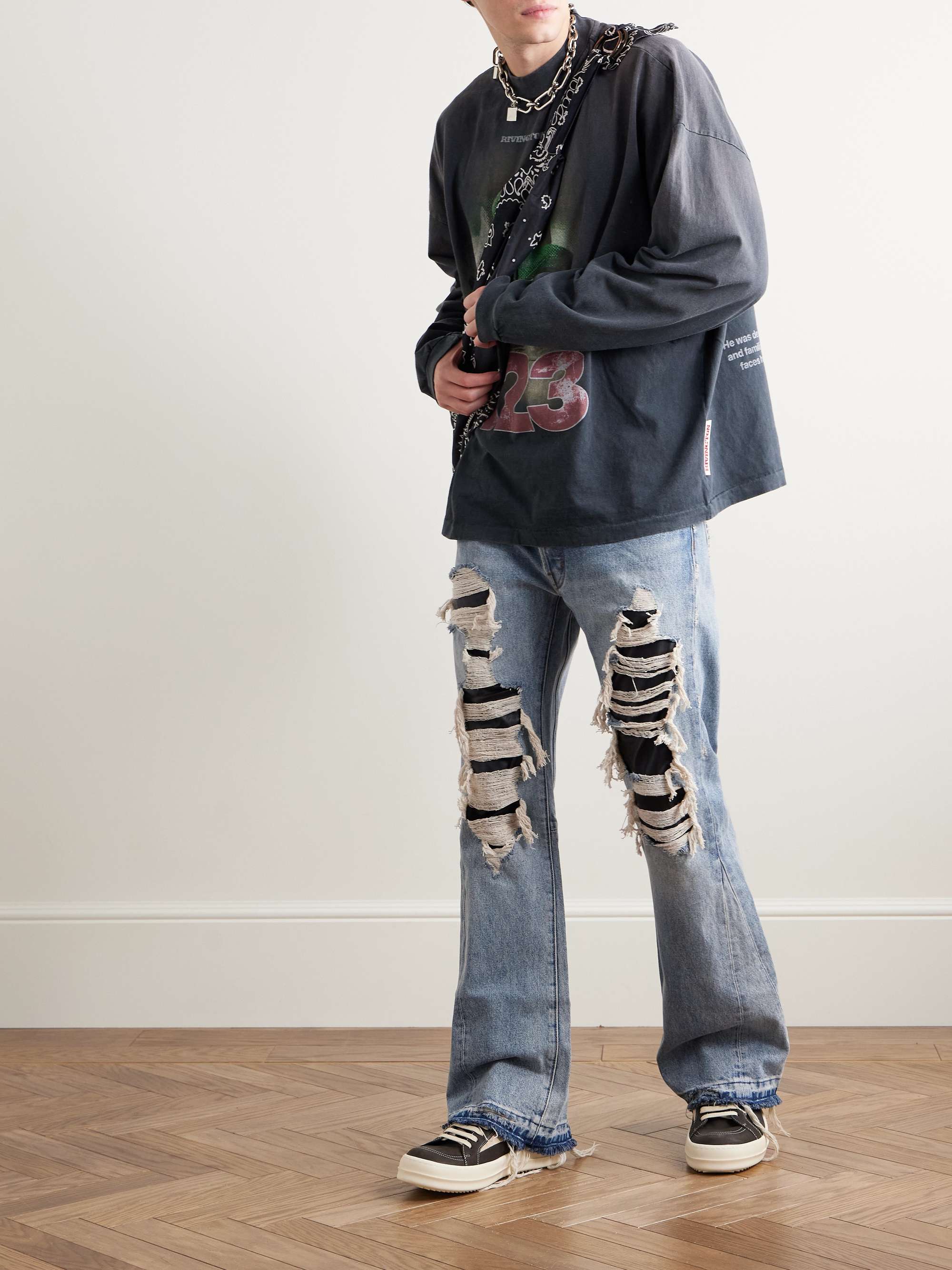Cornell LA Slim-Fit Flared Distressed Leather-Panelled Jeans view