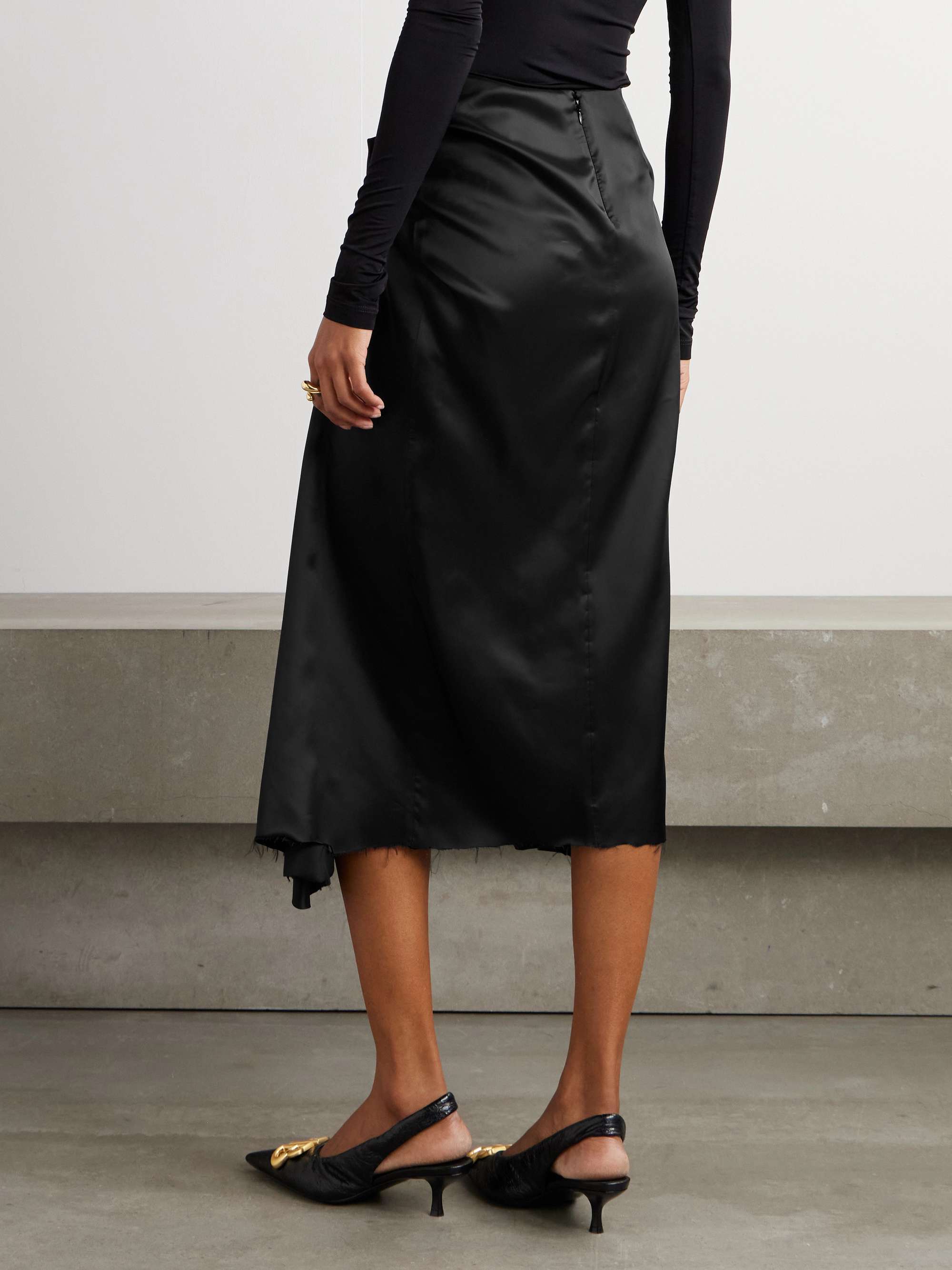 Asymmetric frayed gathered draped satin midi skirt view