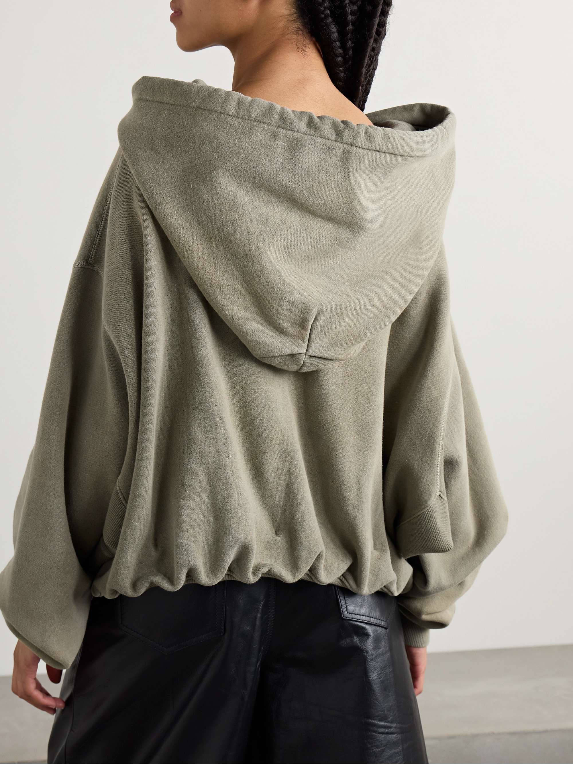 Balloon cropped gathered cotton-jersey hoodie view