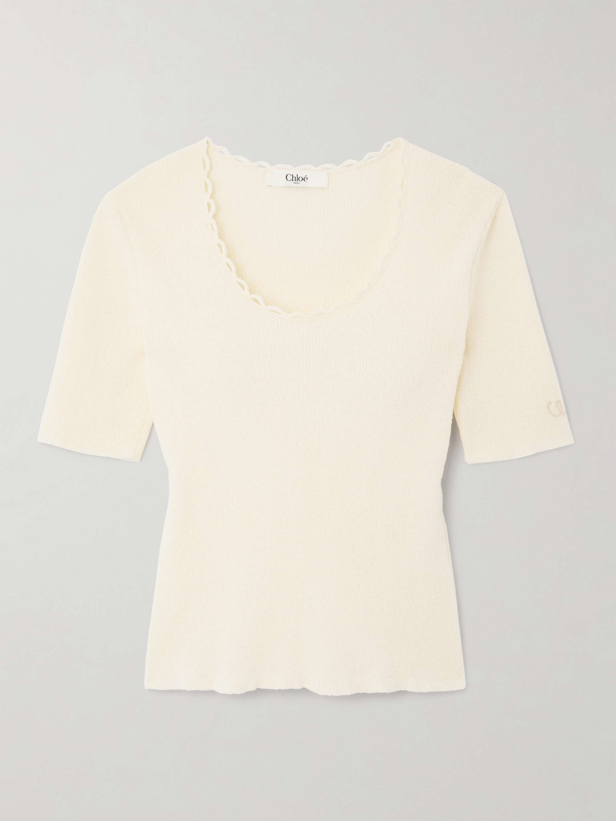 Picot-trimmed ribbed cotton-blend bouclé T-shirt view