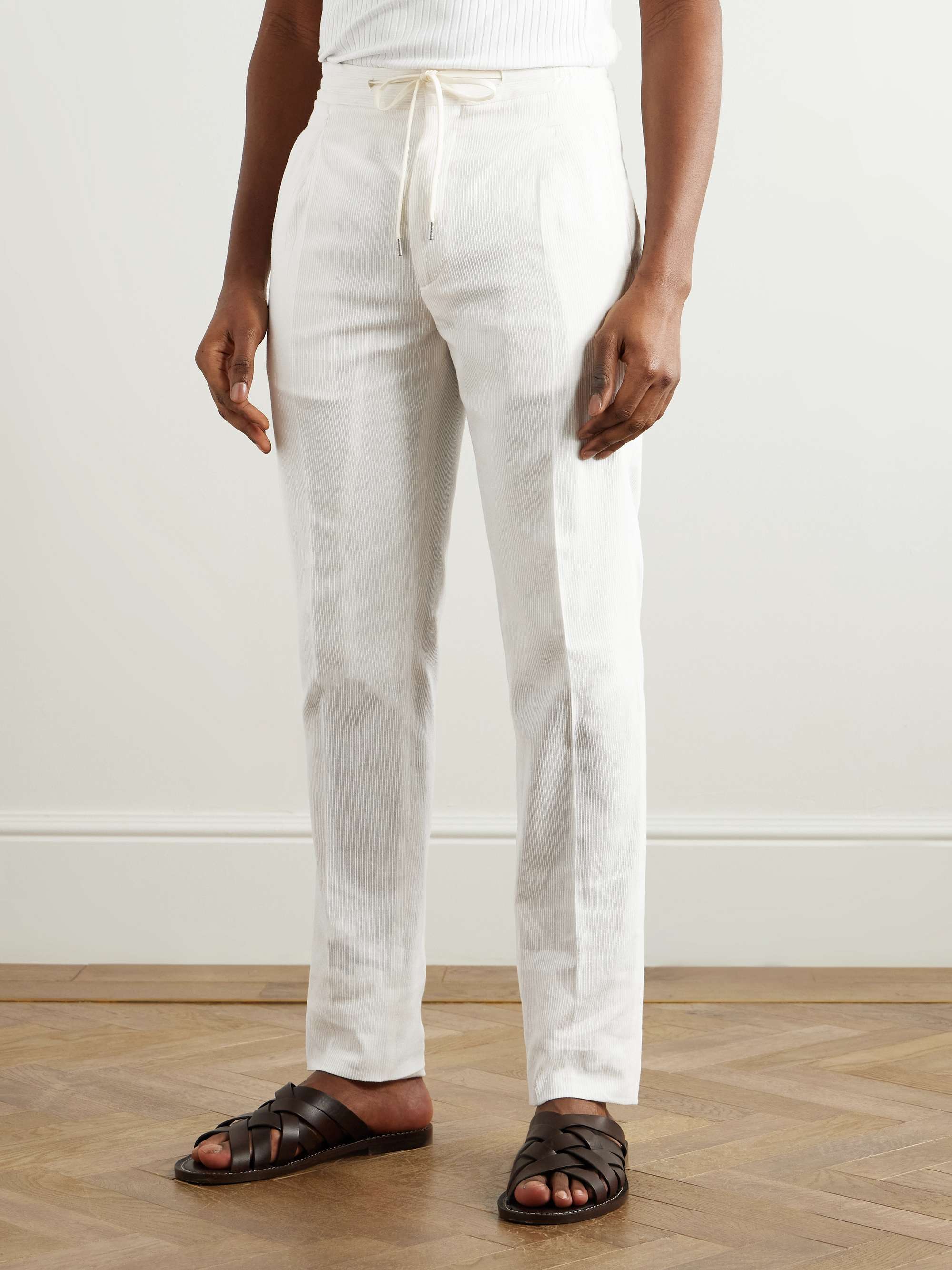 Straight-Leg Pleated Cotton-Blend Seersucker Drawstring Trousers view