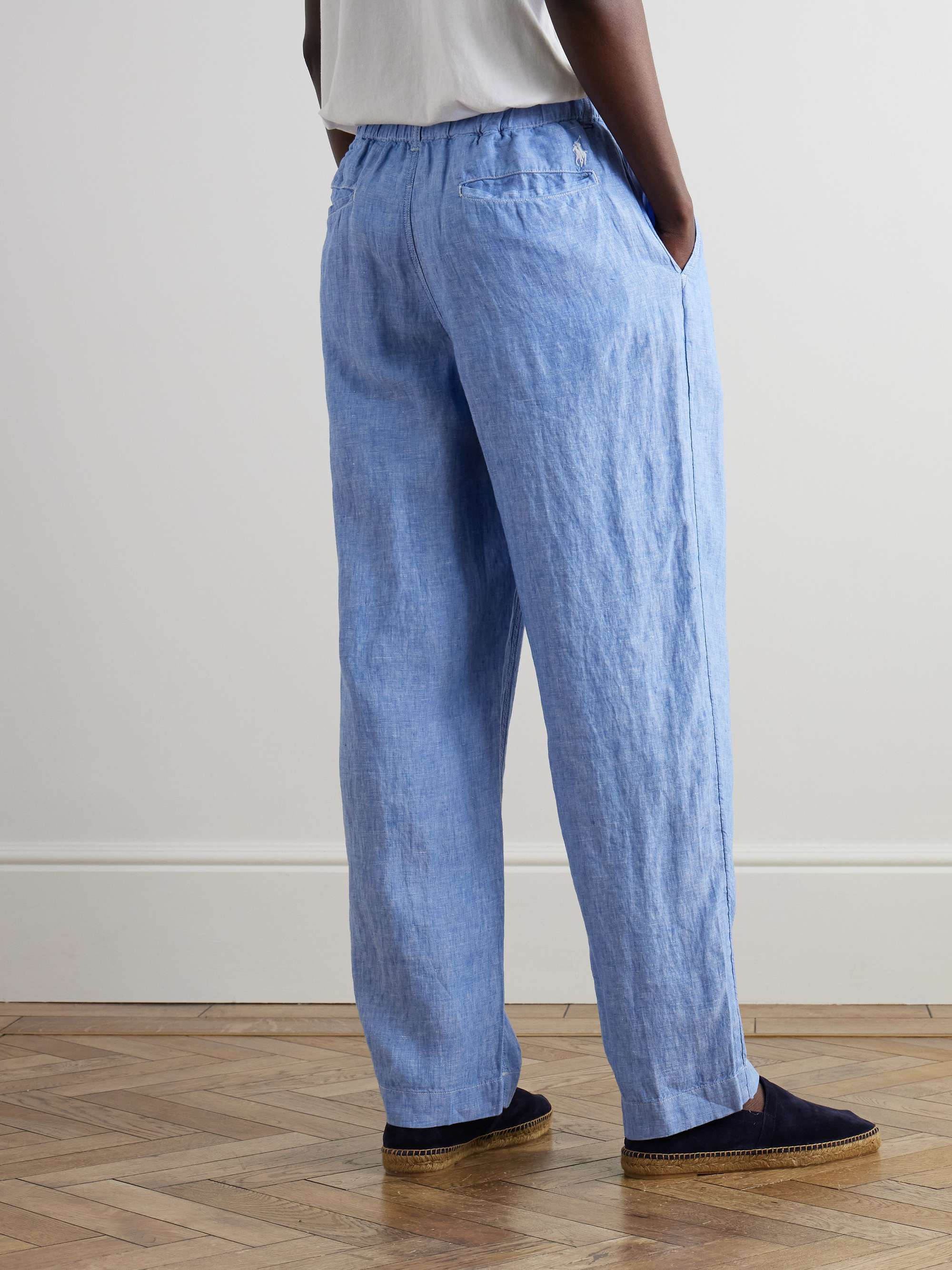 Straight-Leg Linen-Chambray Drawstring Trousers view