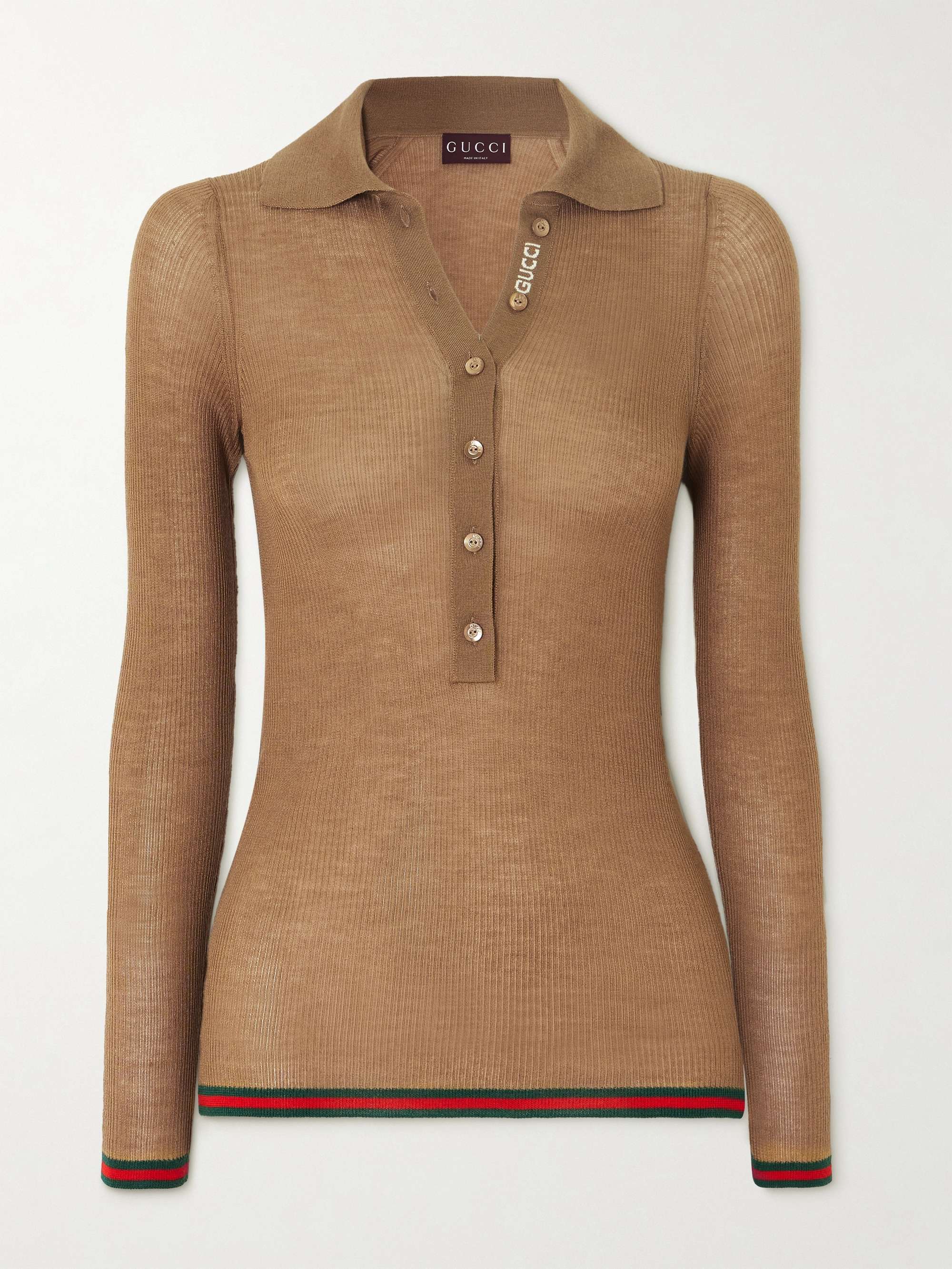Webbing-trimmed ribbed cashmere and silk-blend top view