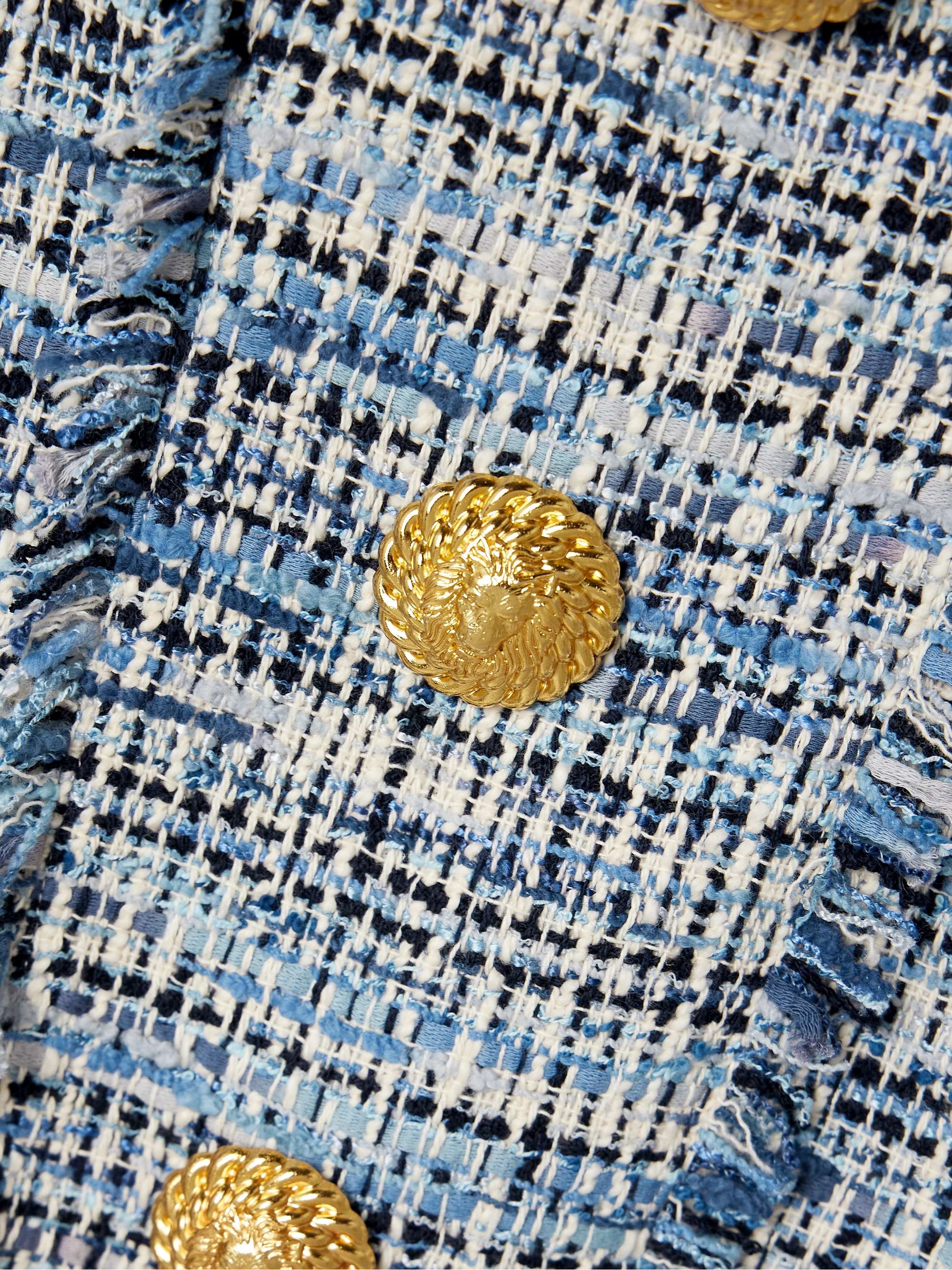 Button-embellished frayed cotton-blend tweed mini dress view