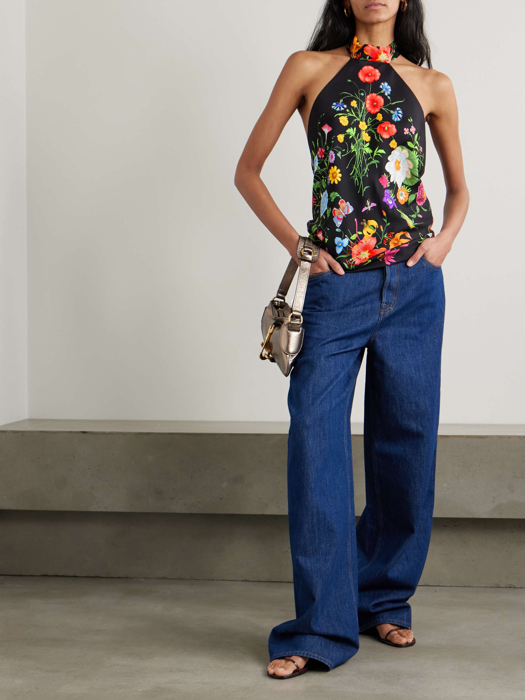 Print silk-twill halterneck top view