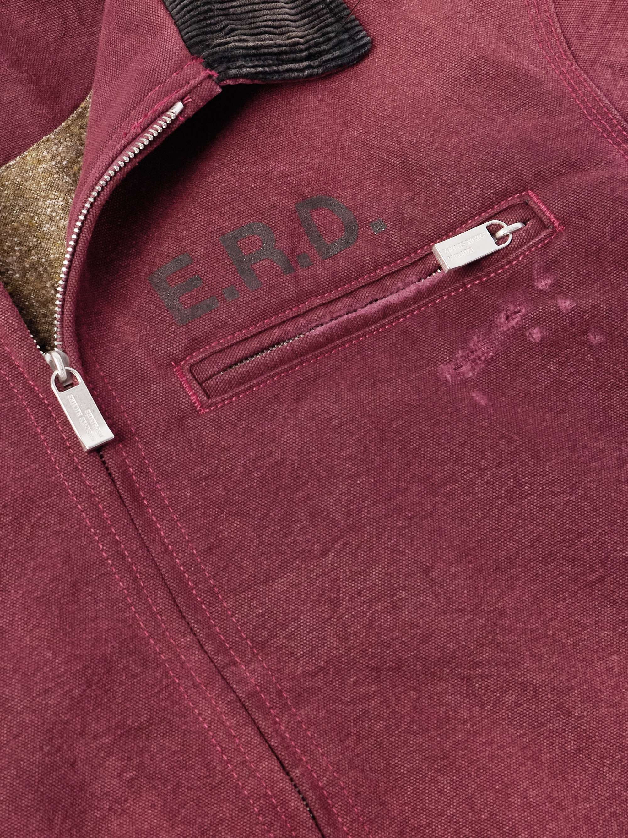 Corduroy-Trimmed Printed Distressed Cotton-Canvas Jacket view