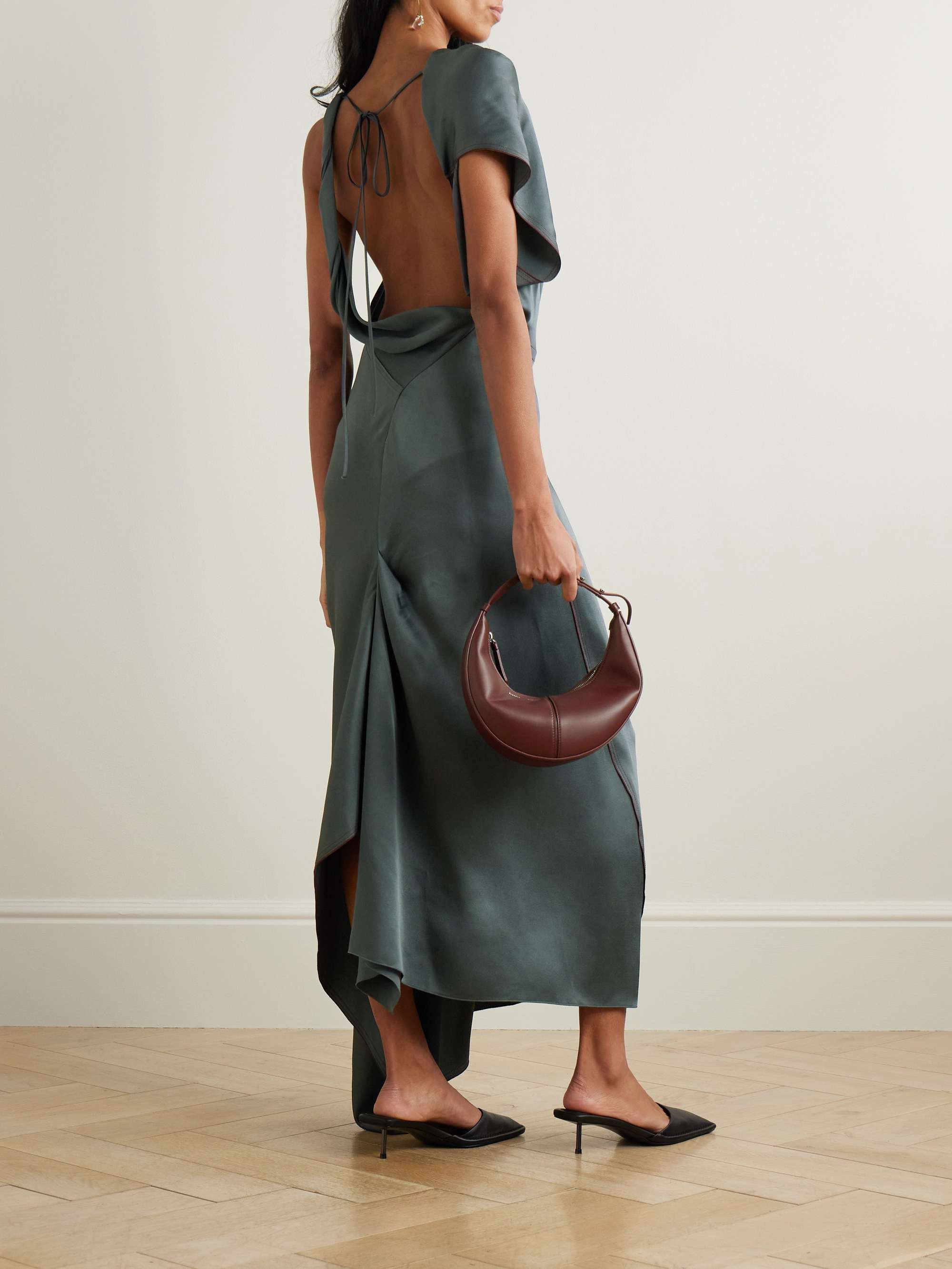 Asymmetric draped satin midi dress view