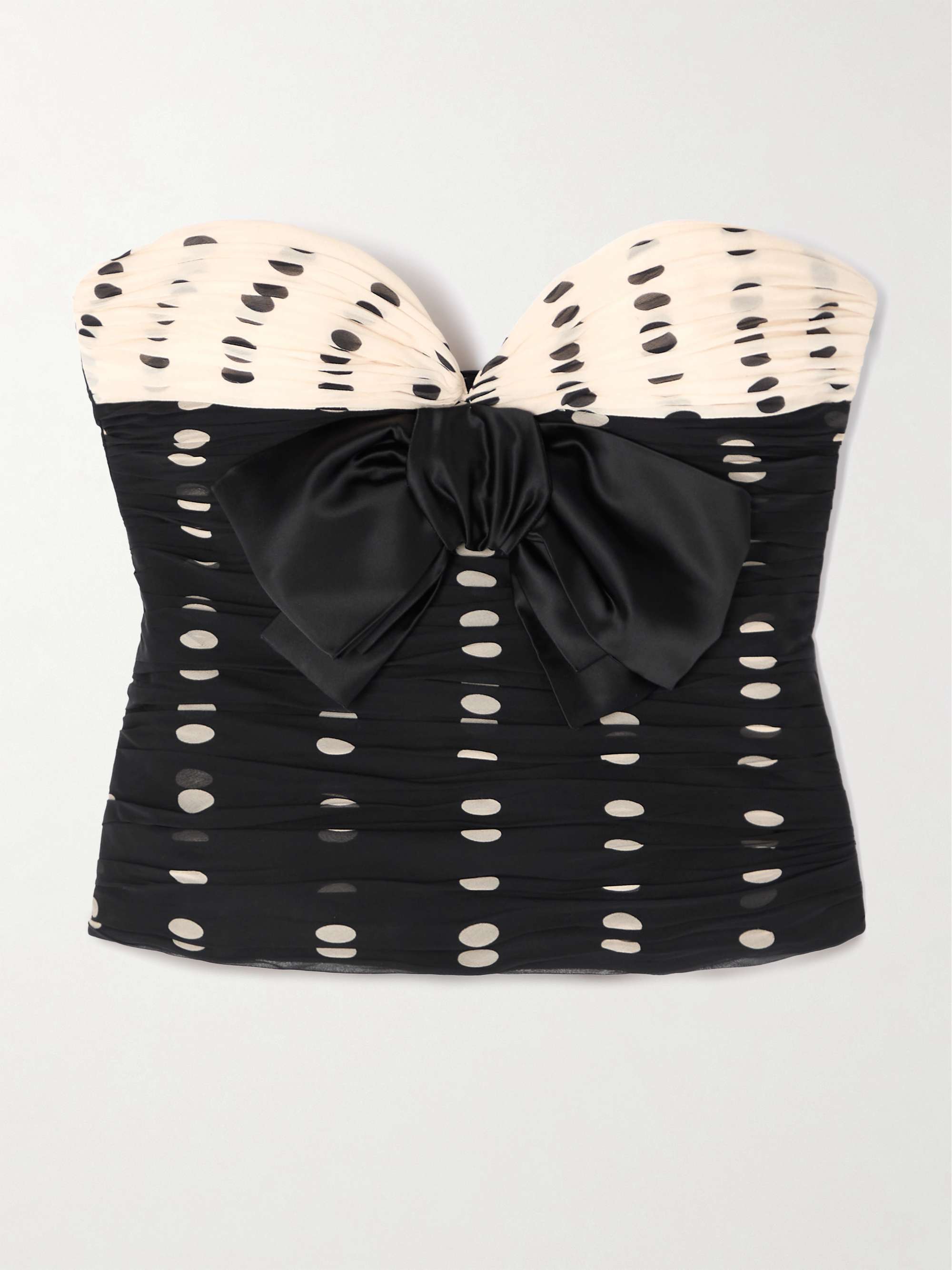 Satin bow-detailed ruched silk-chiffon strapless top view