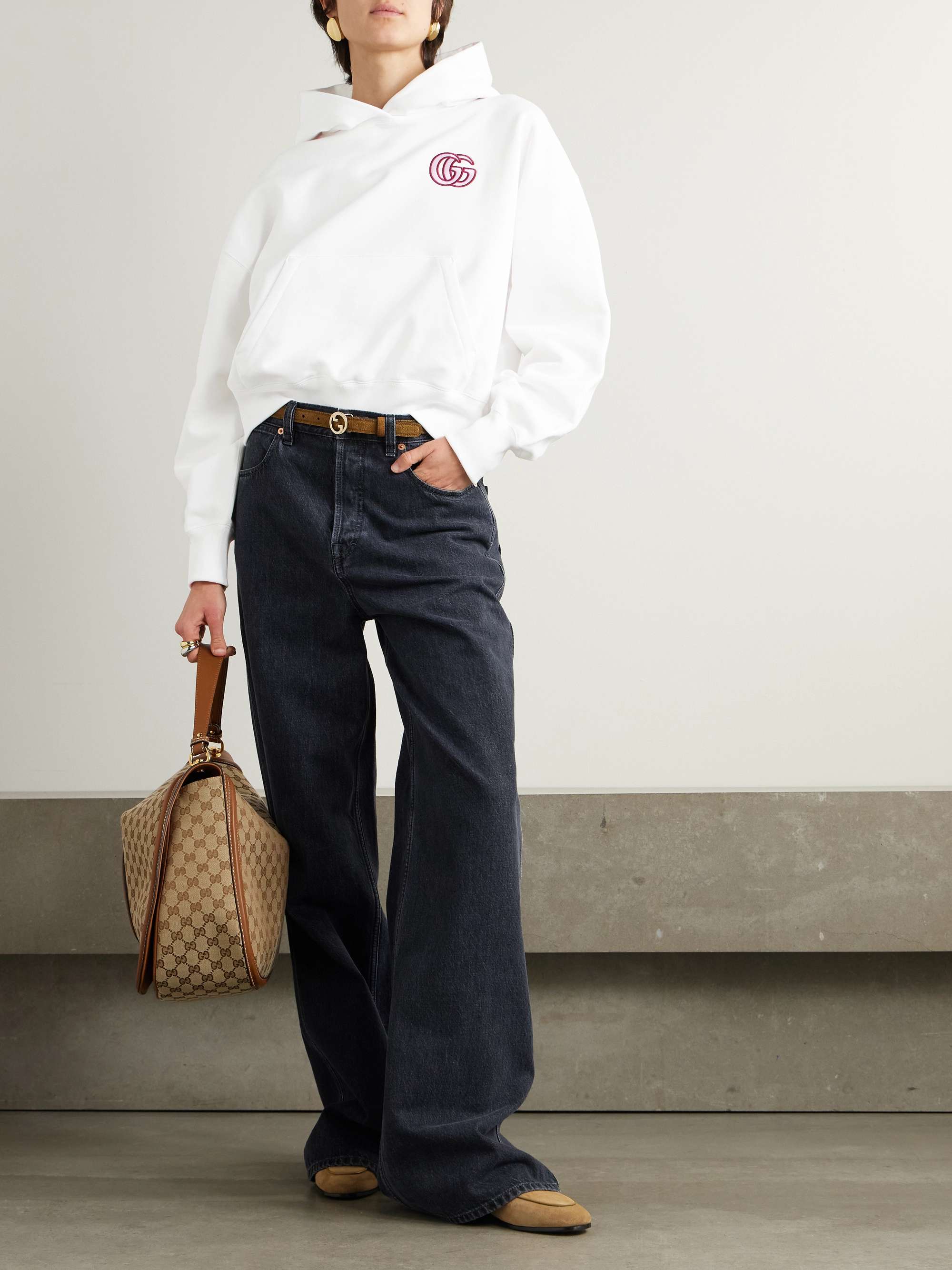 Embroidered cropped cotton-jersey hoodie view