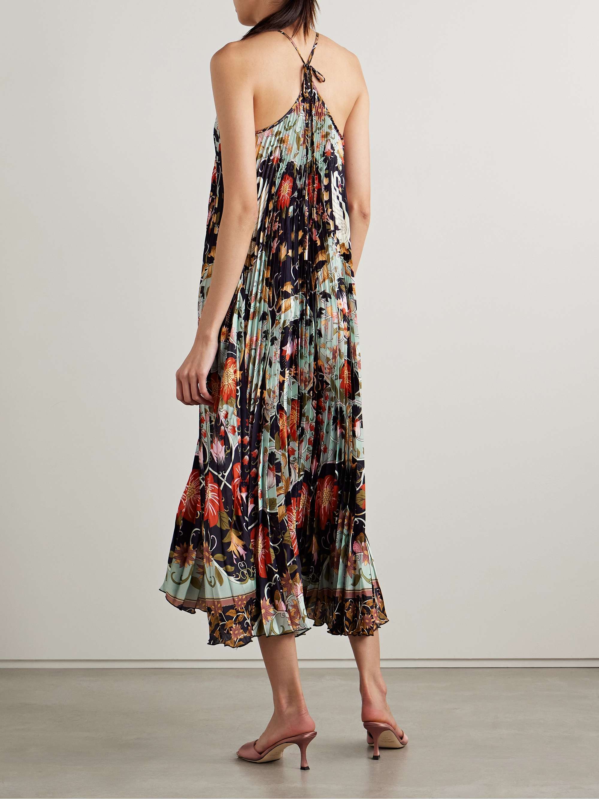 Floral-print plissé-satin midi dress view