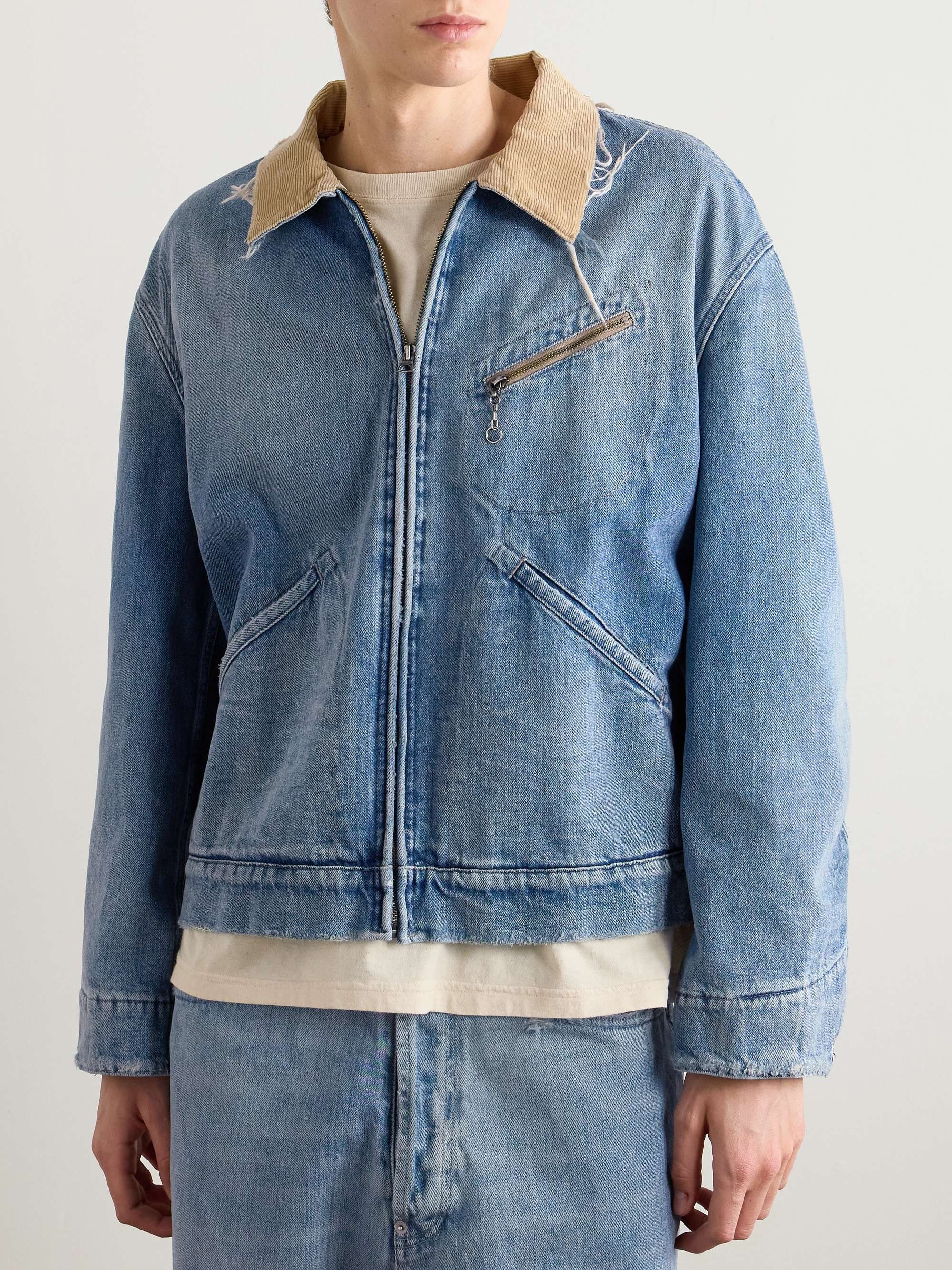 Distressed Corduroy-Trimmed Denim Jacket view
