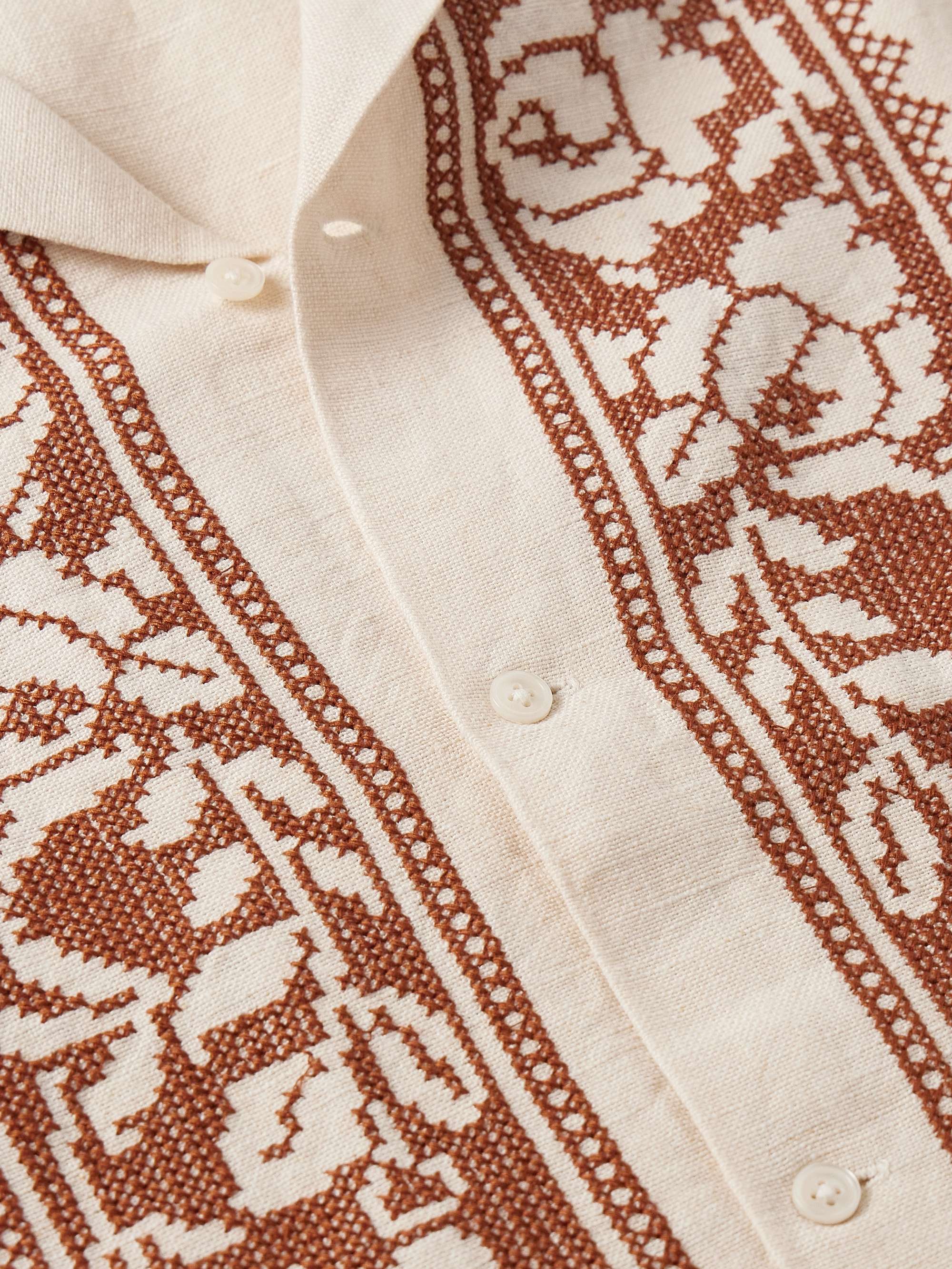 Rose Garland Camp-Collar Cross-Stitched Linen Shirt view