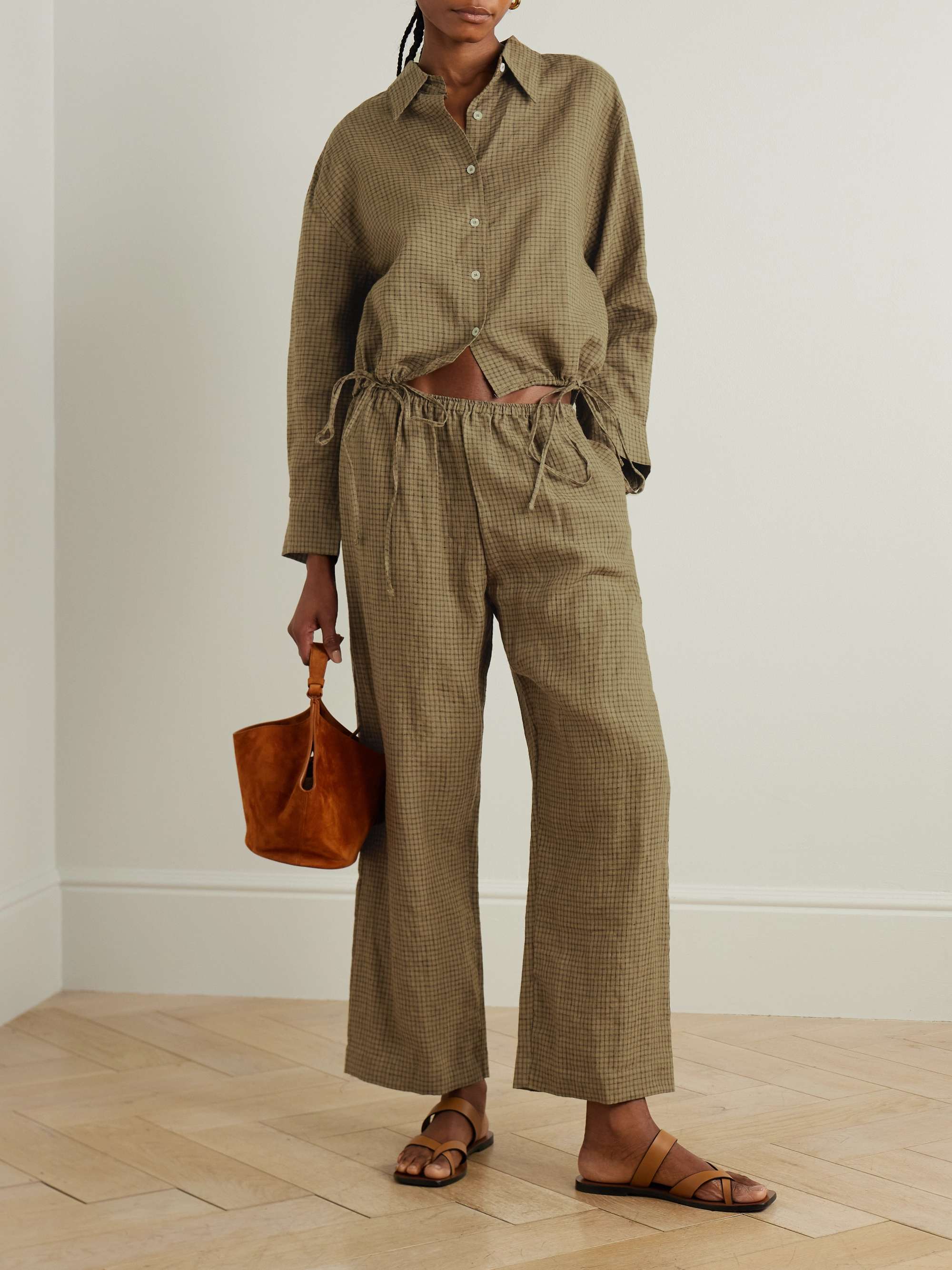 Tie-detailed checked linen pajama set view