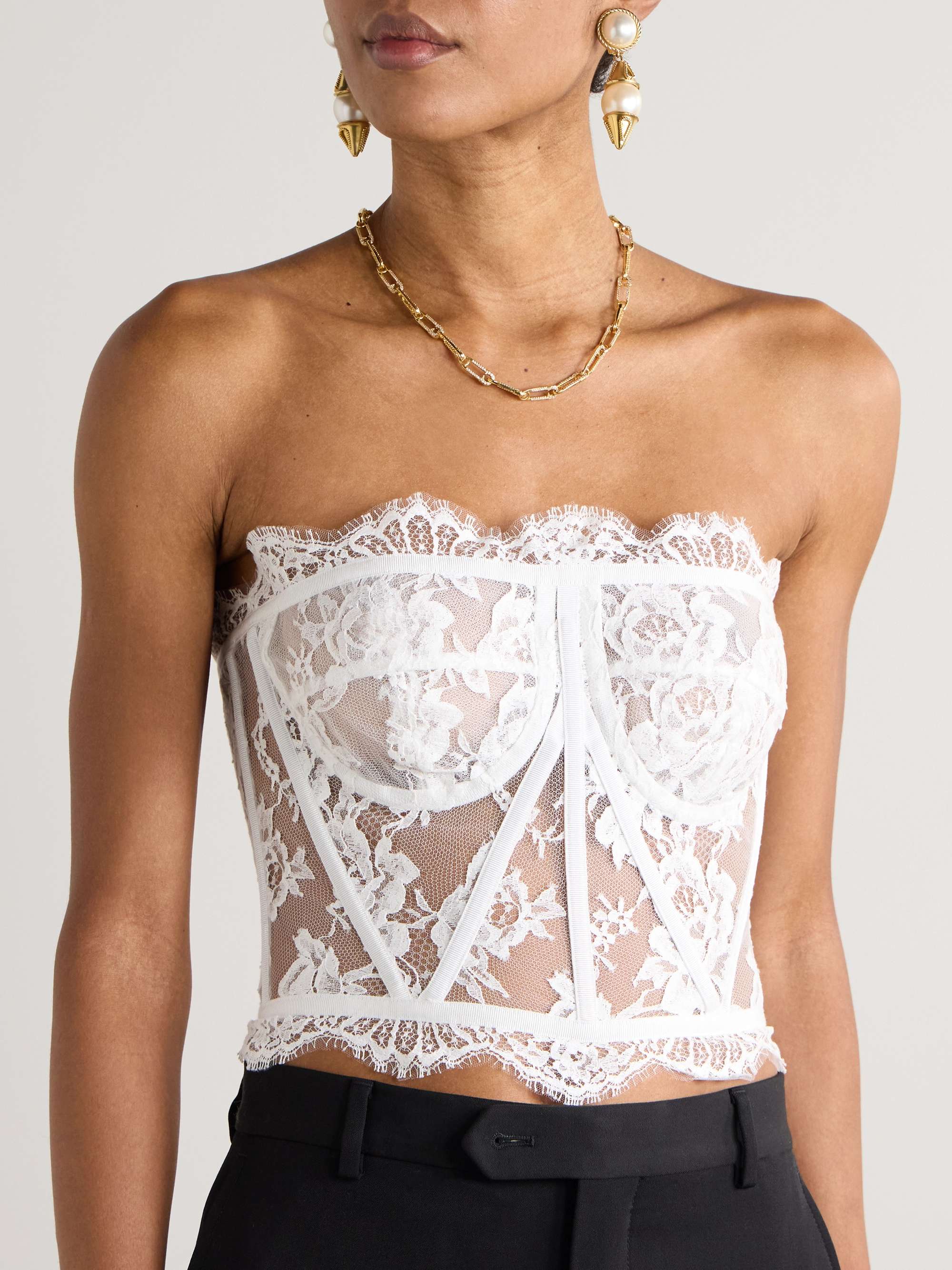 Grosgrain-trimmed lace bustier top view