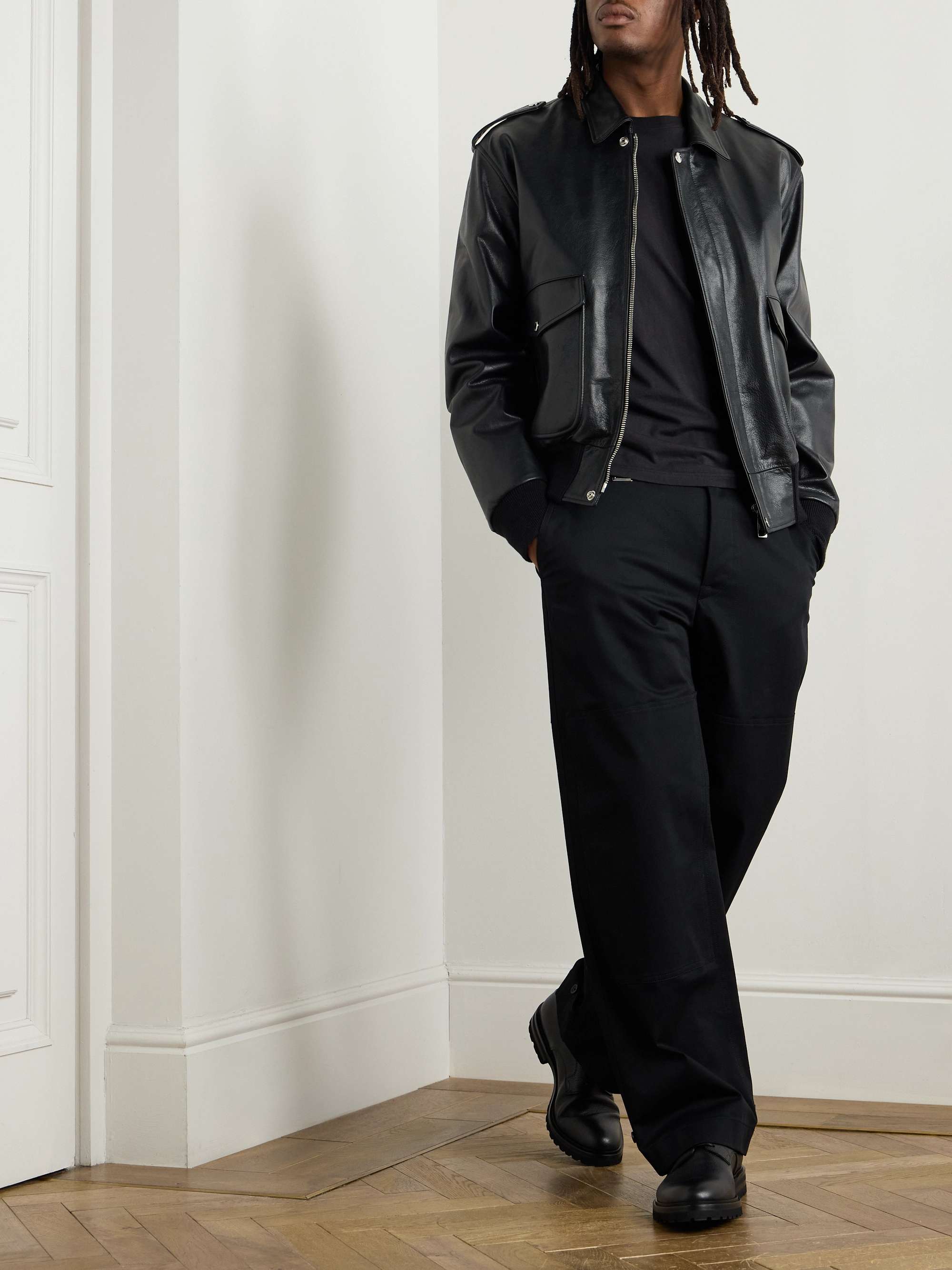 Straight-Leg Logo-Appliquéd Paneled Cotton-Blend Gabardine Trousers view