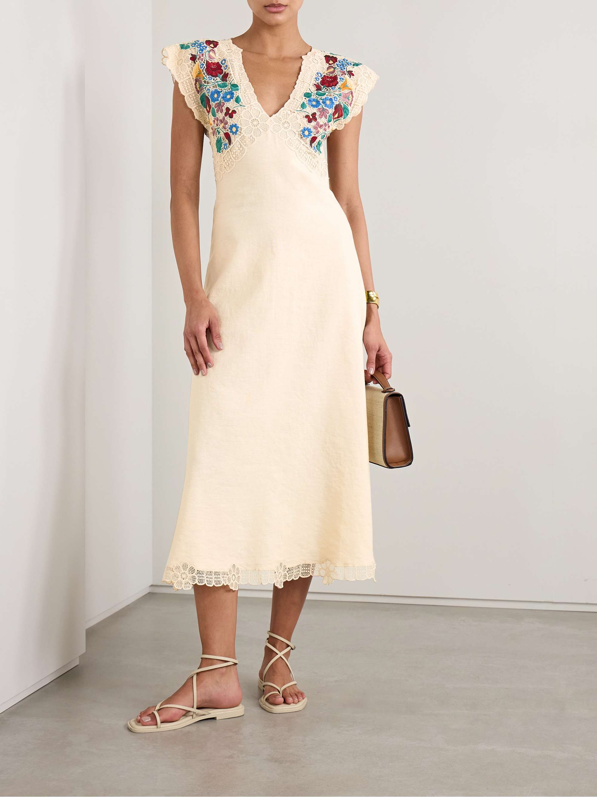 Katharine guipure lace-trimmed embroidered linen and cotton-blend midi dress view