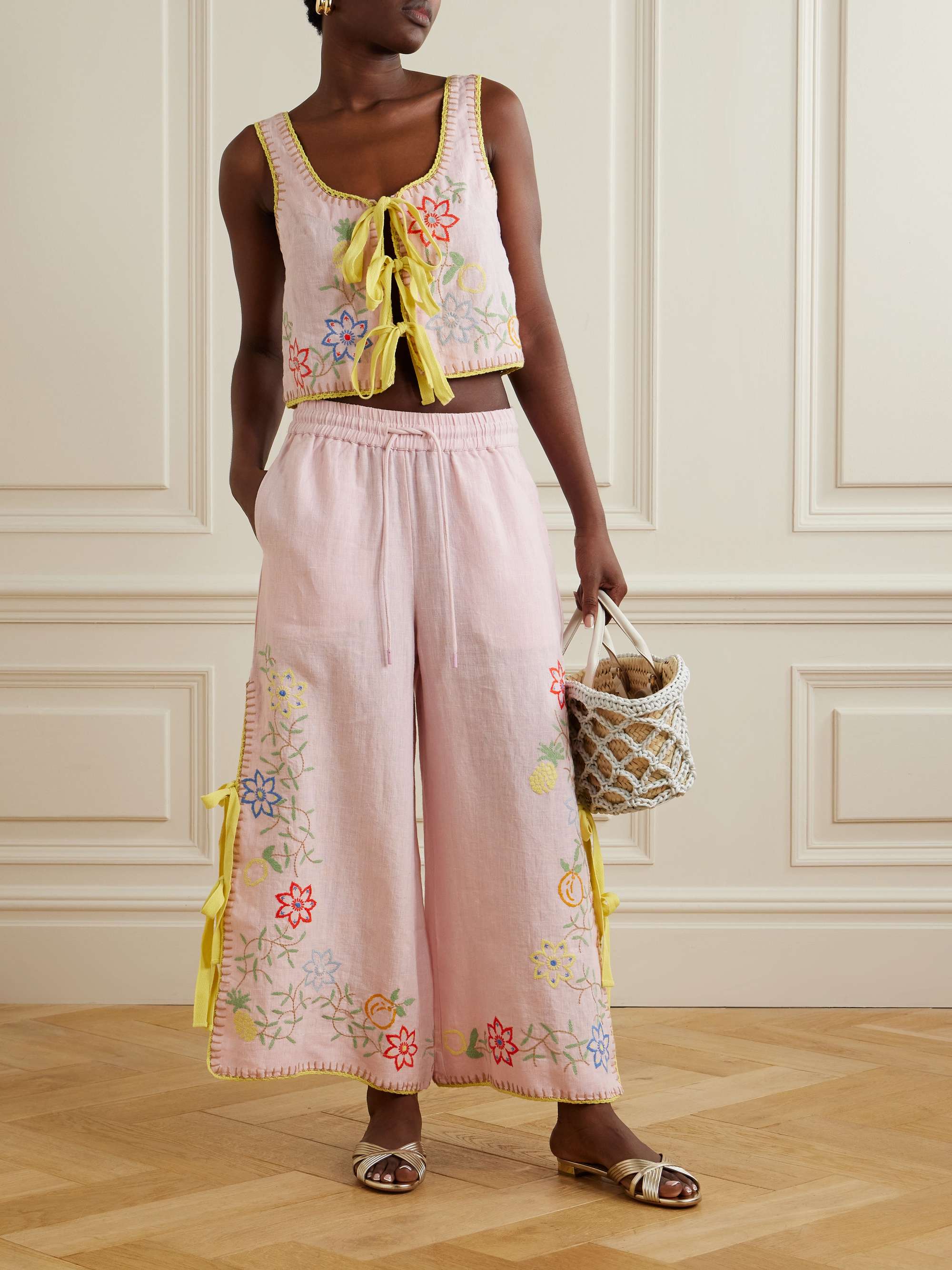 Olivia tie-detailed embroidered linen wide-leg pants view