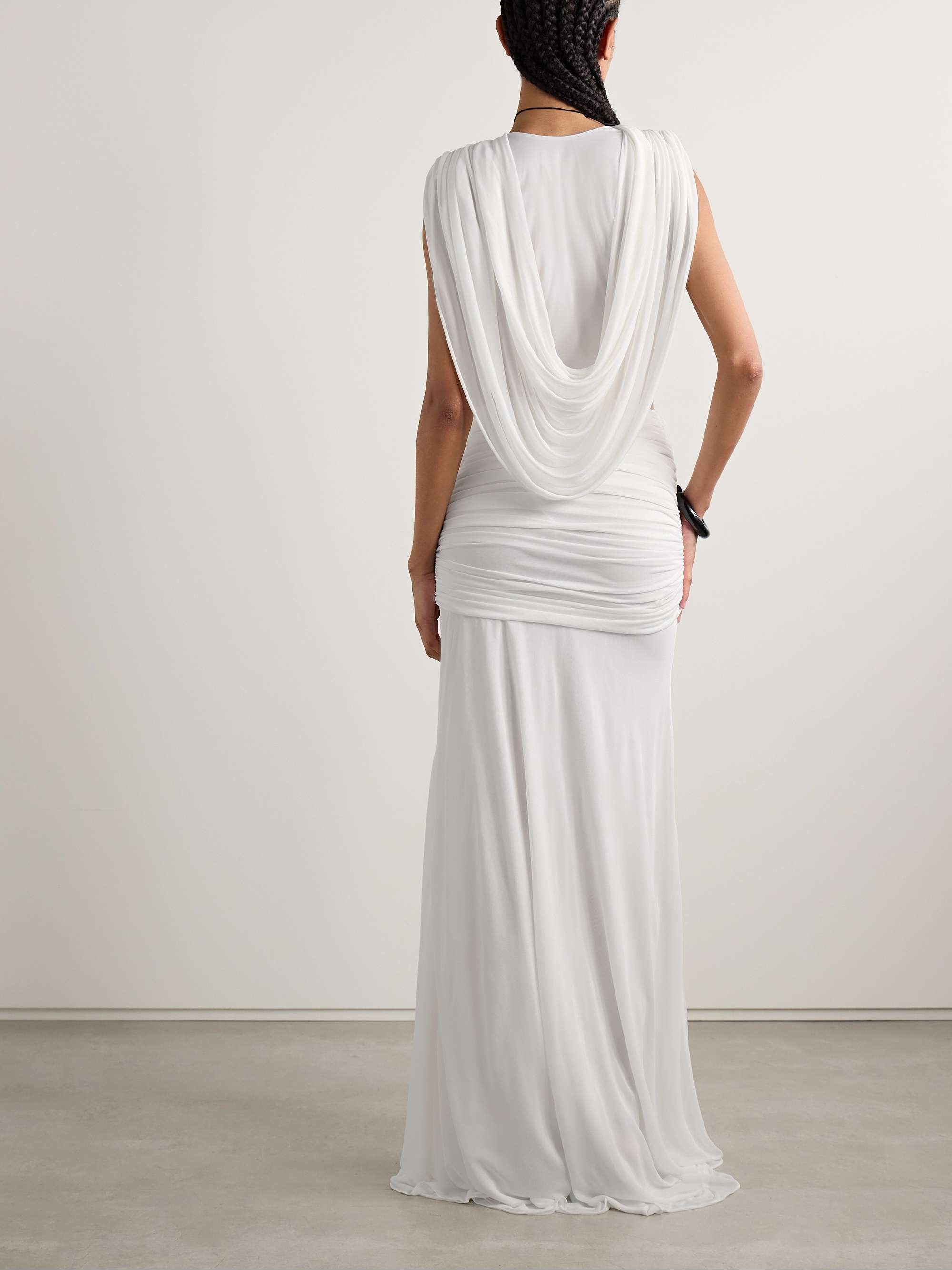 Ripple draped mesh gown view