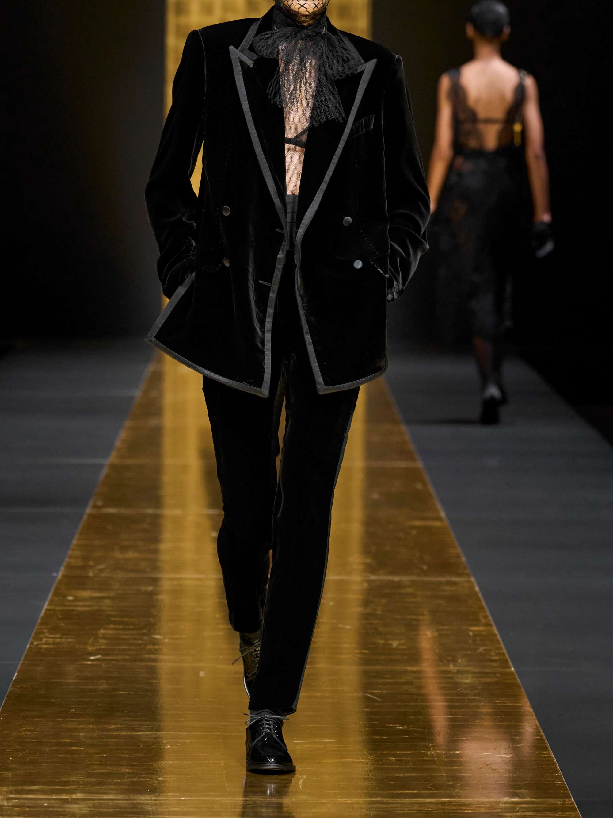 Satin-trimmed cotton-blend velvet slim-leg pants view