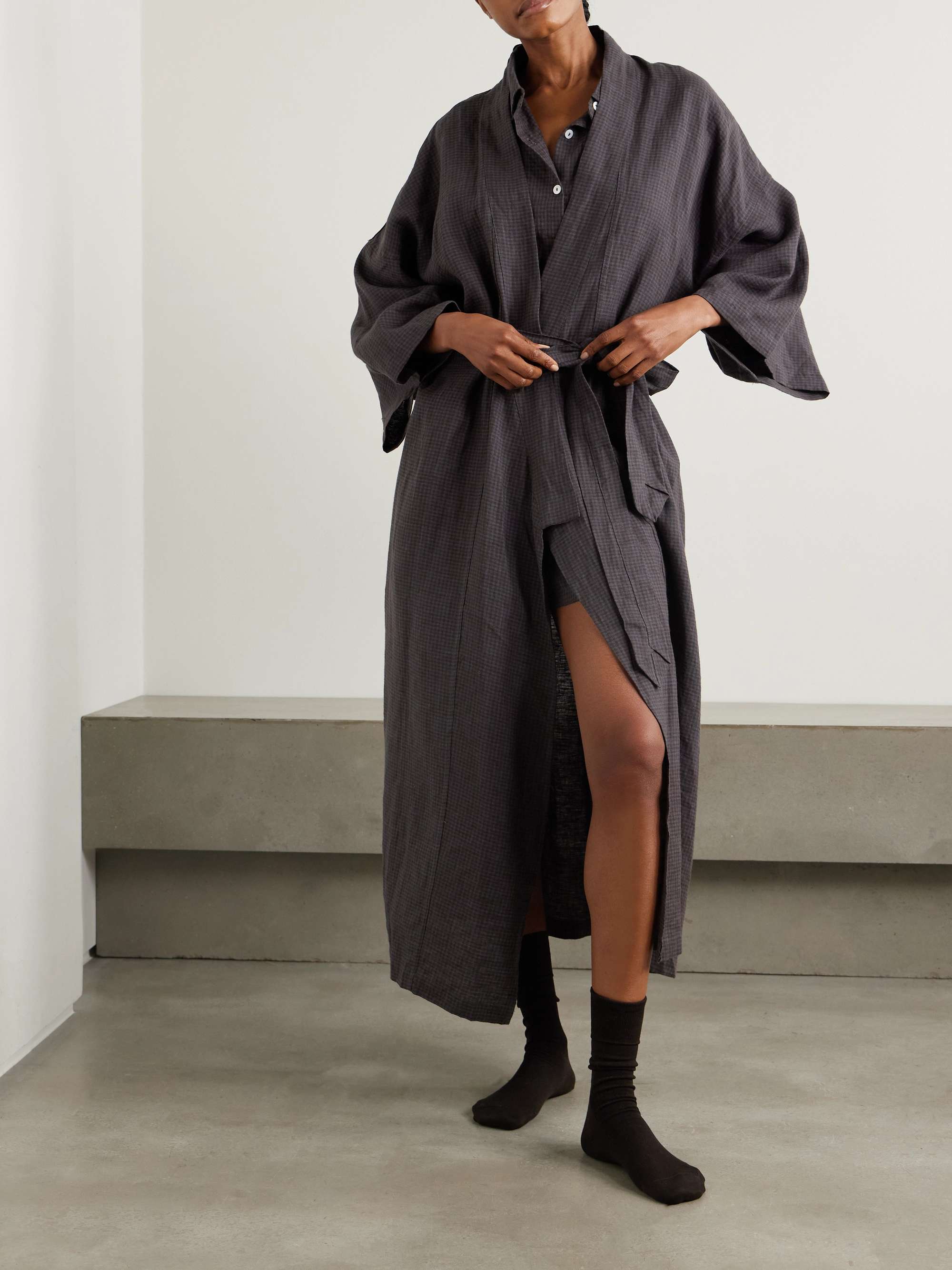02 belted checked linen robe view