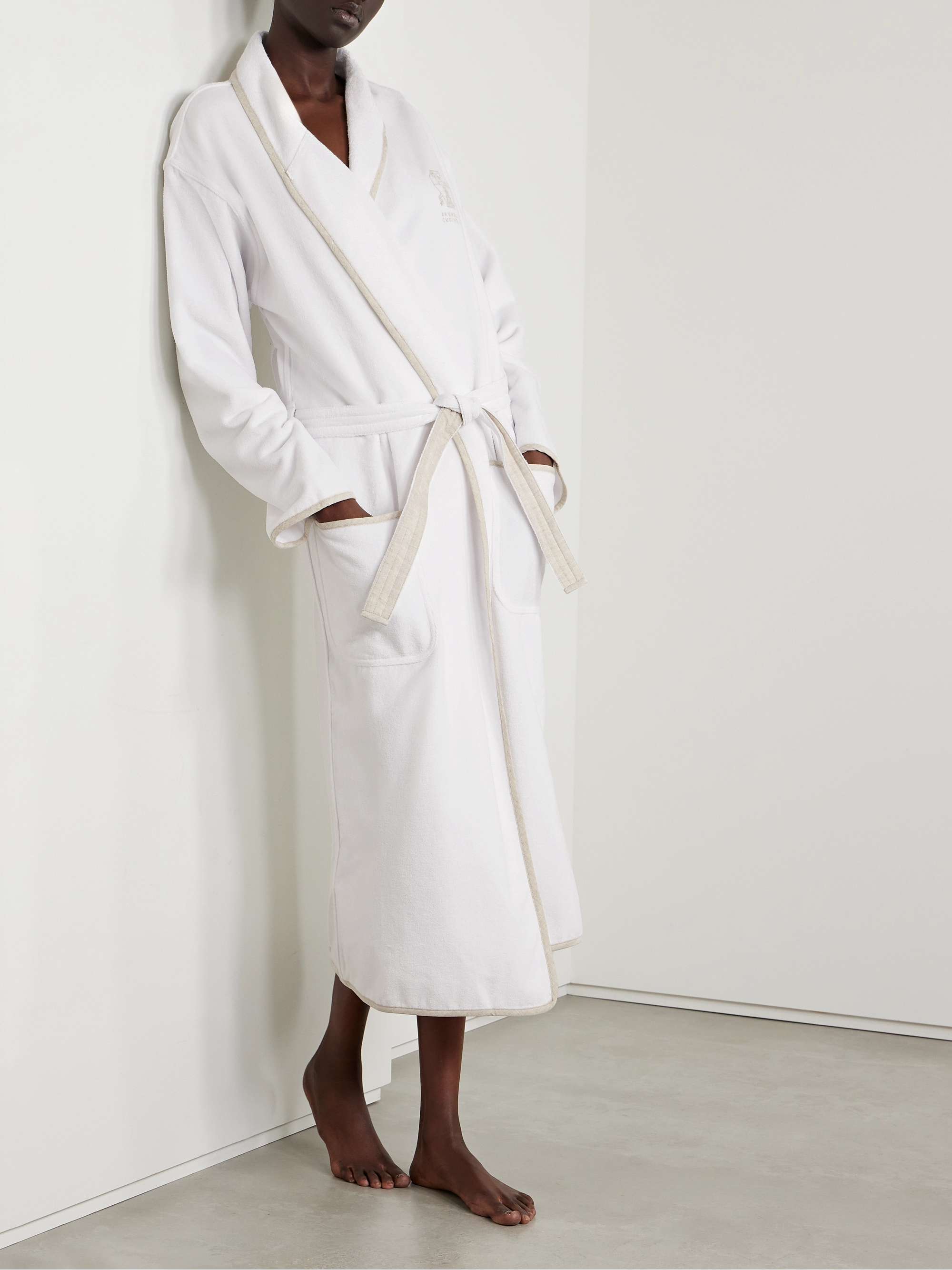 Embroidered linen-trimmed cotton-terry robe view