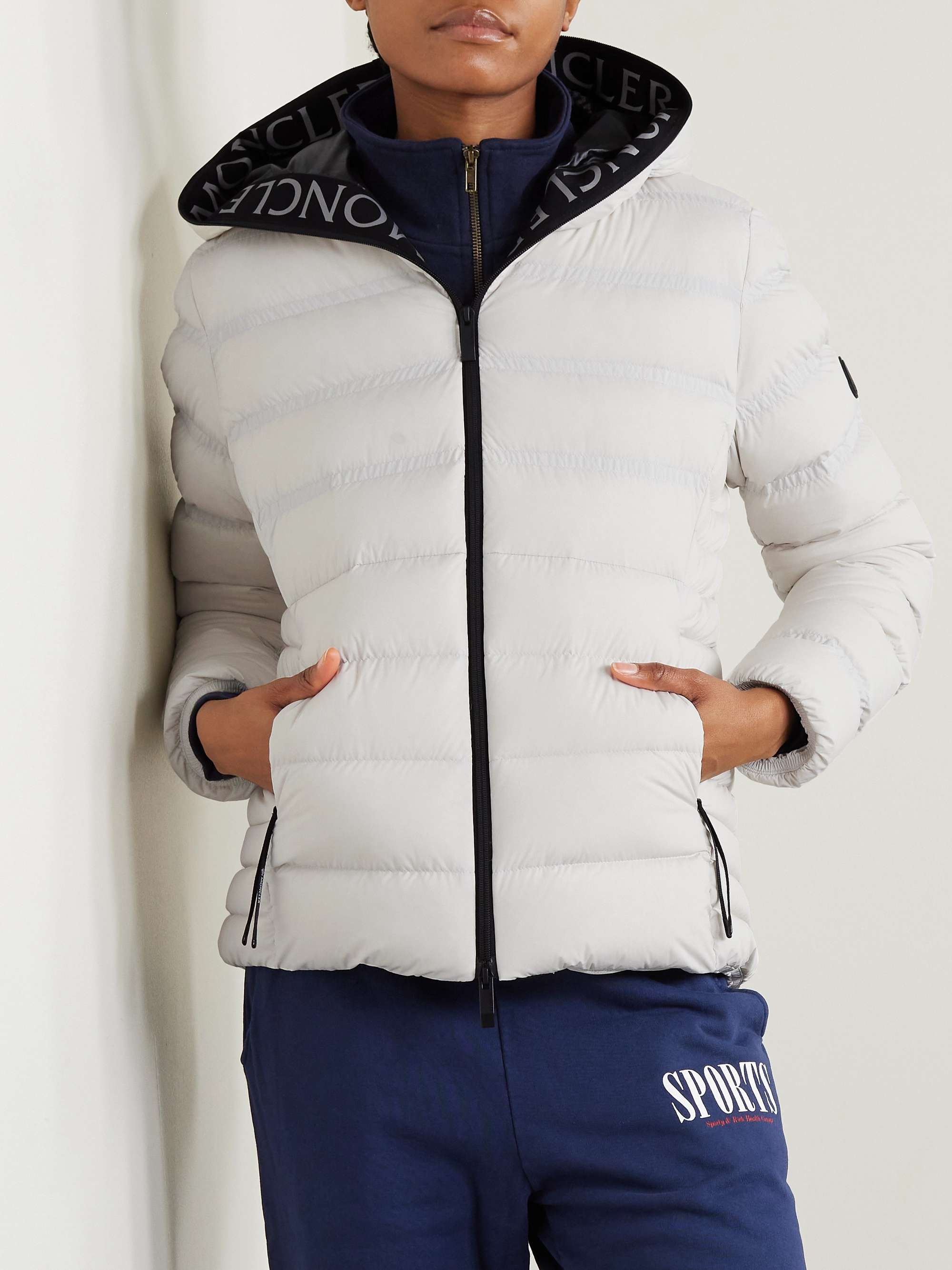 Appliquéd webbing-trimmed quilted shell down jacket view