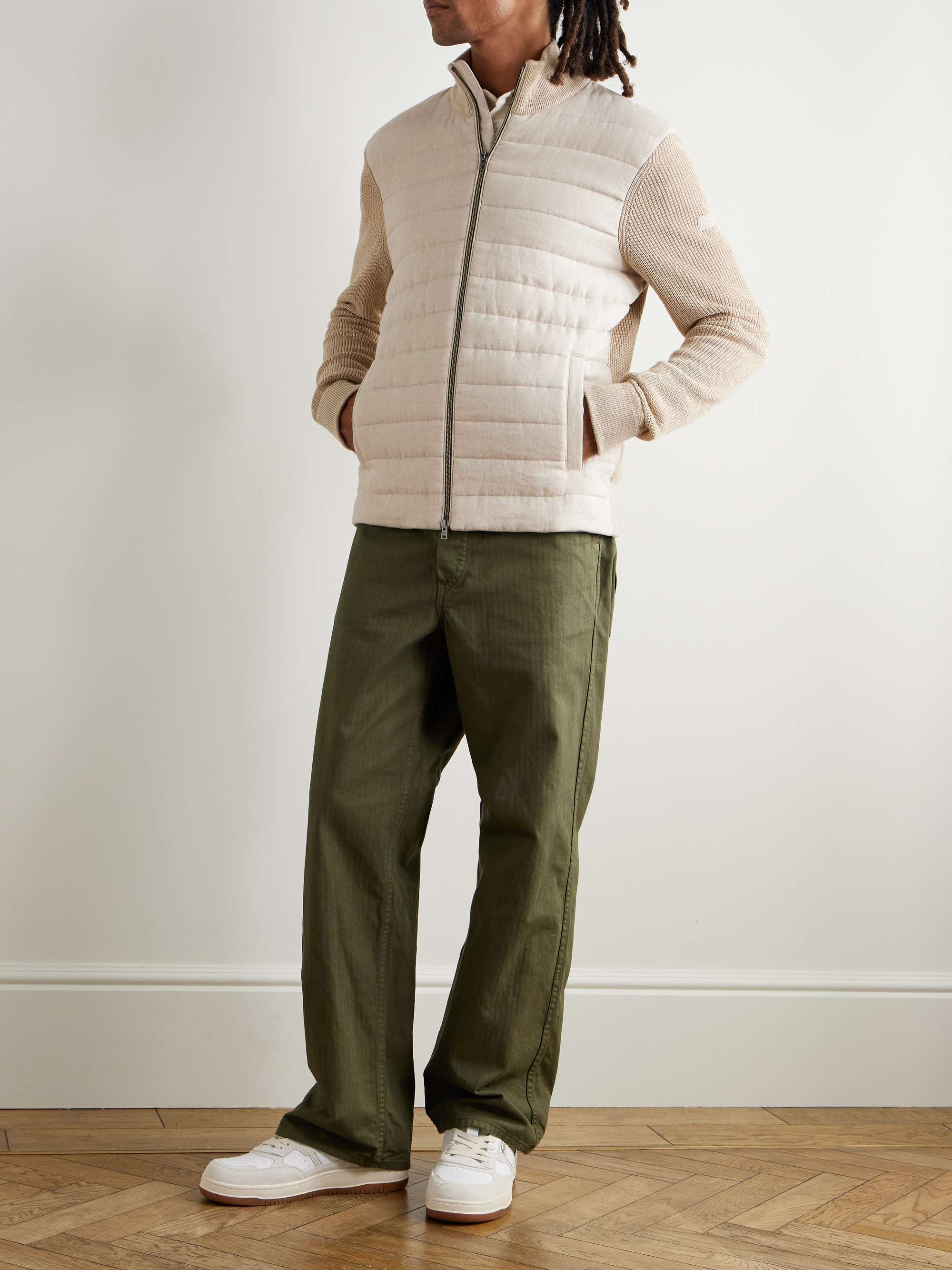 Ribbed-Knit and Quilted Linen Zip-Up Cardigan view
