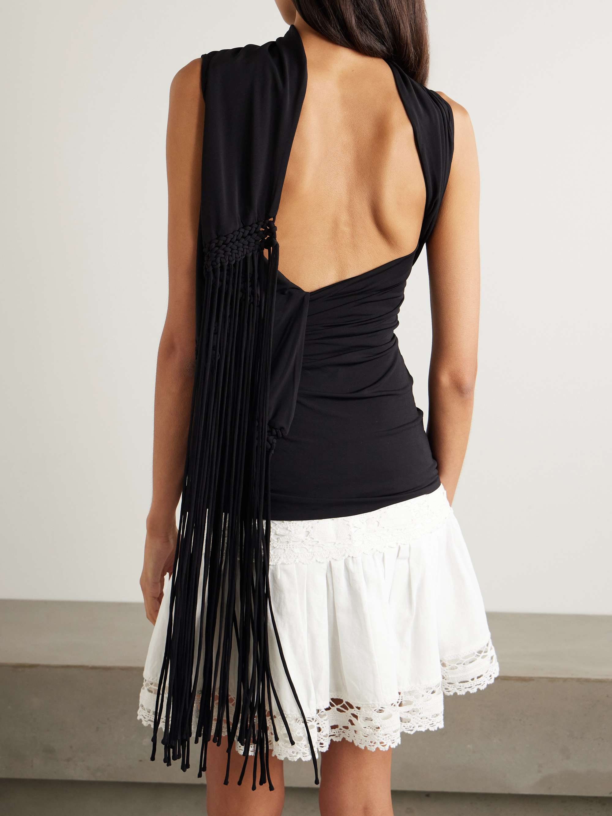 Laon macramé-trimmed draped gathered stretch-jersey top view